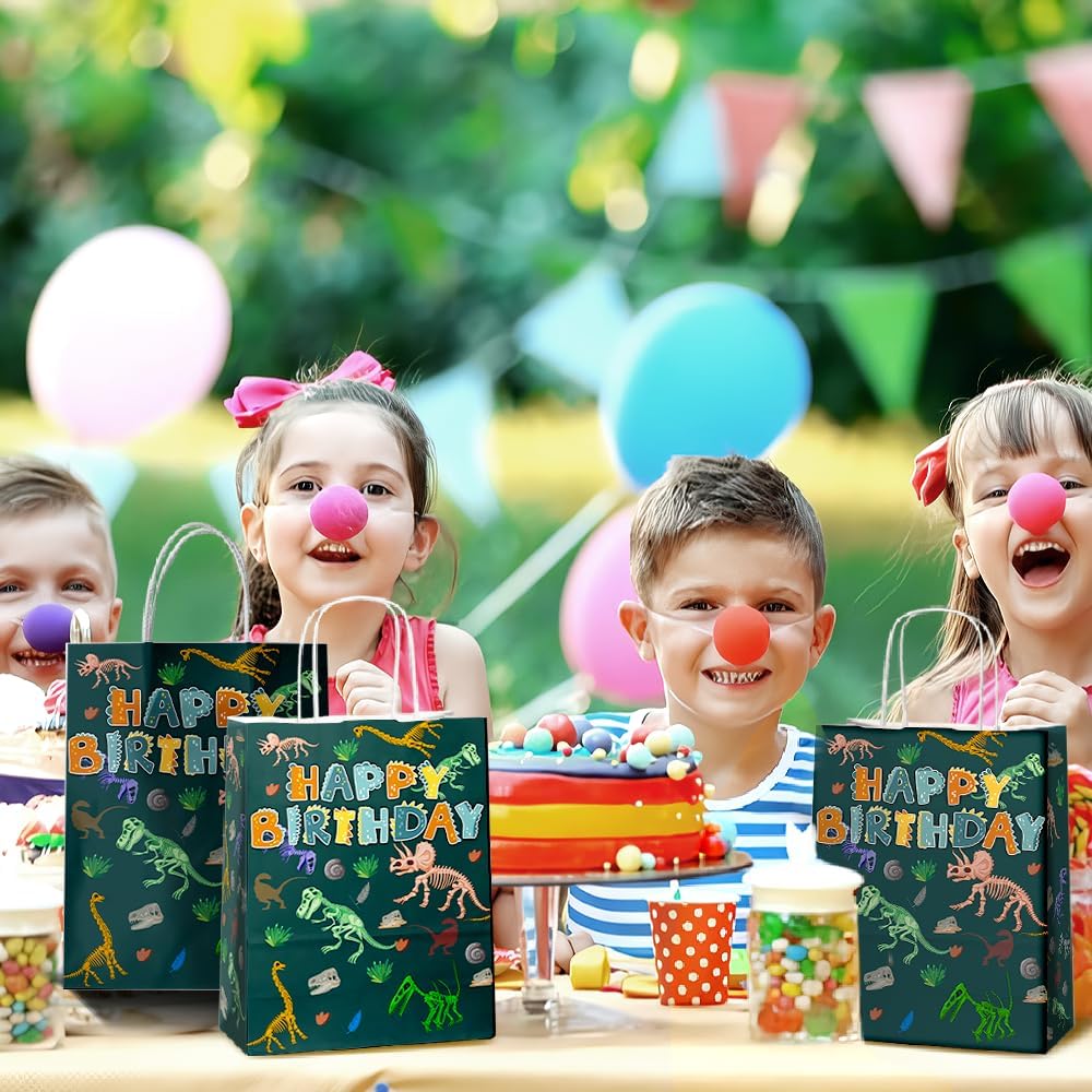 24 Pcs Dinosaur Goodie Bags with Handles - T rex Dino Theme Candy Party Favor Gift Kraft Paper Bags for Kids Boys, Birthday Party Supplies, and Baby Shower Decorations.