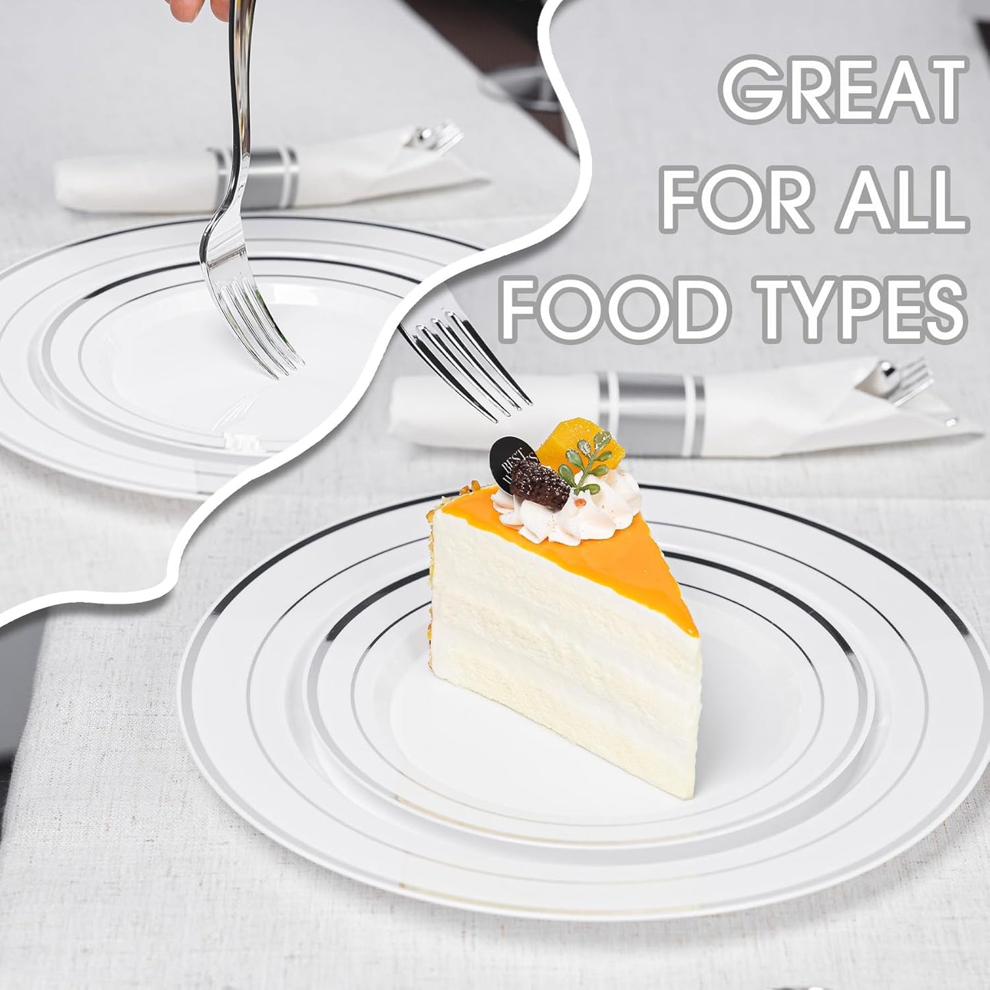 350PCS Silver Plastic Plates Dinnerware Set, Thanksgiving Disposable Plates, 50 Dinner and 50 Dessert Plates, 50 Pre Rolled Napkins with Silverware and 50 Cups for Party and Wedding