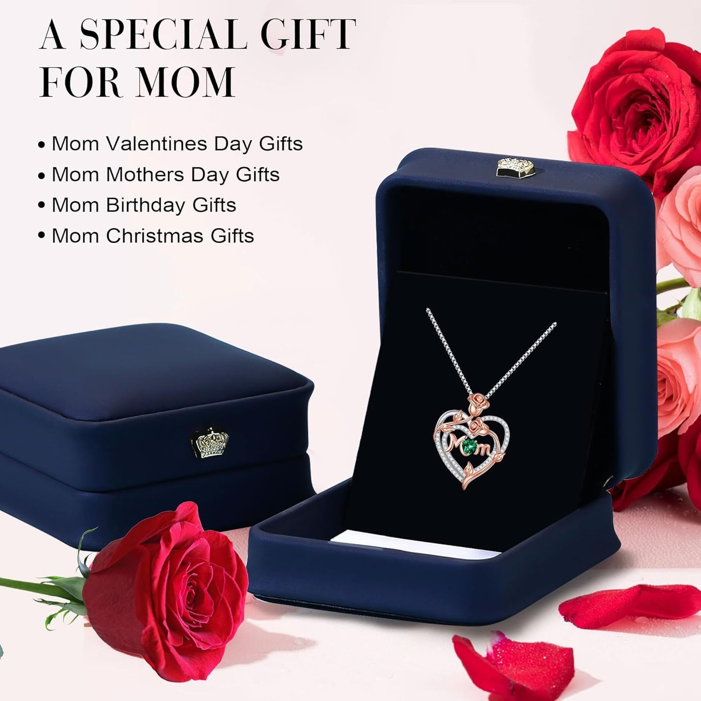 Iefil Christmas Gifts for Mom- 925 Sterling Silver Necklace, Rose Heart Birthstone Necklace, Stocking Stuffers for New/Step/Bonus Mom/Mother in Law