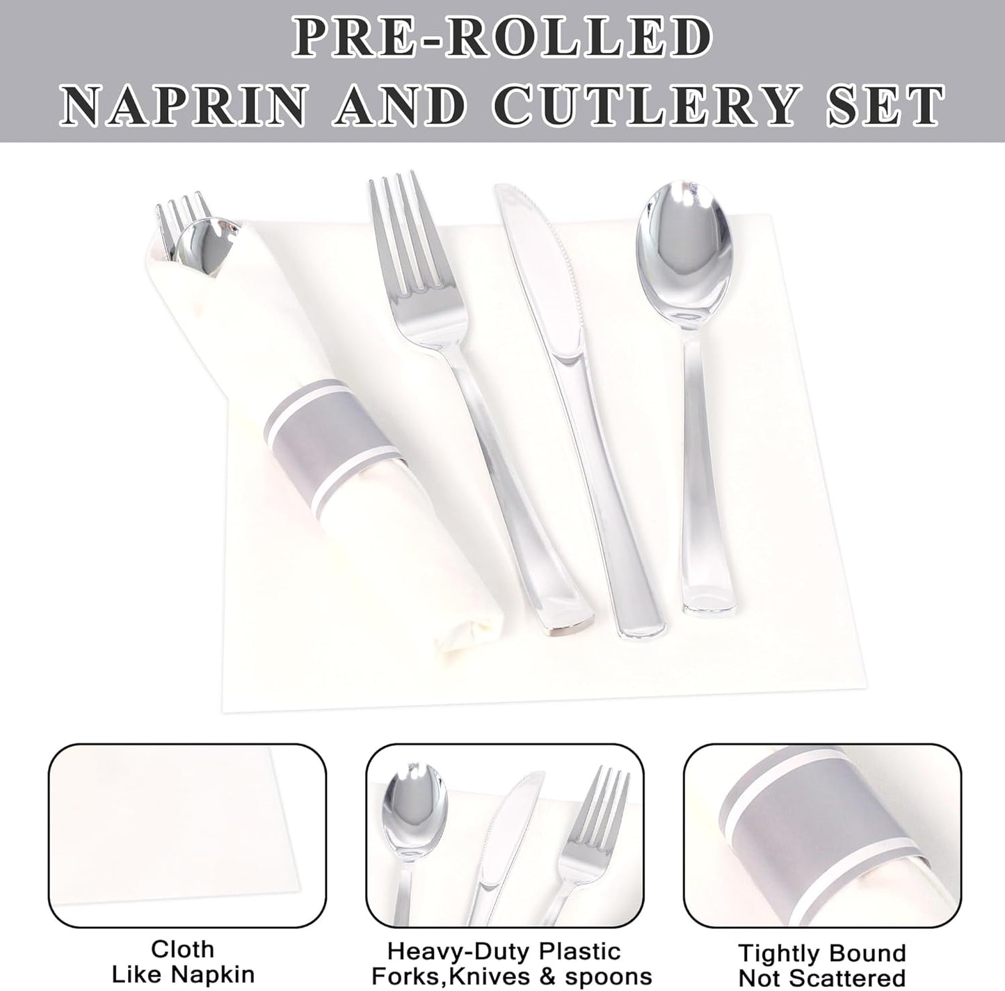 200 Pack Pre Rolled Silver Plastic Silverware Set,Wrapped Plastic Cutlery Set with Napkin Include 200 Forks,200 Spoons,200 Knives and 200 White Napkins for Party,Wedding