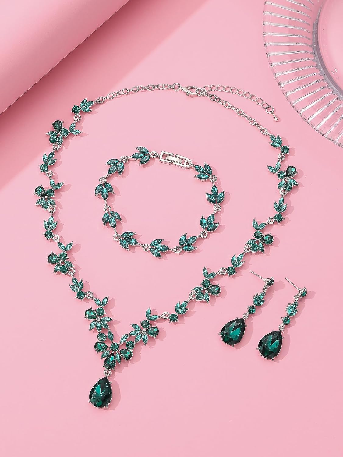 Bridal Wedding Elegant Floral Jewelry Set for Women/Brides/Bridesmaids Crystal Jewelry Set for Wedding Prom Party Bridal Crystal Necklace Earrings Bracelet Set