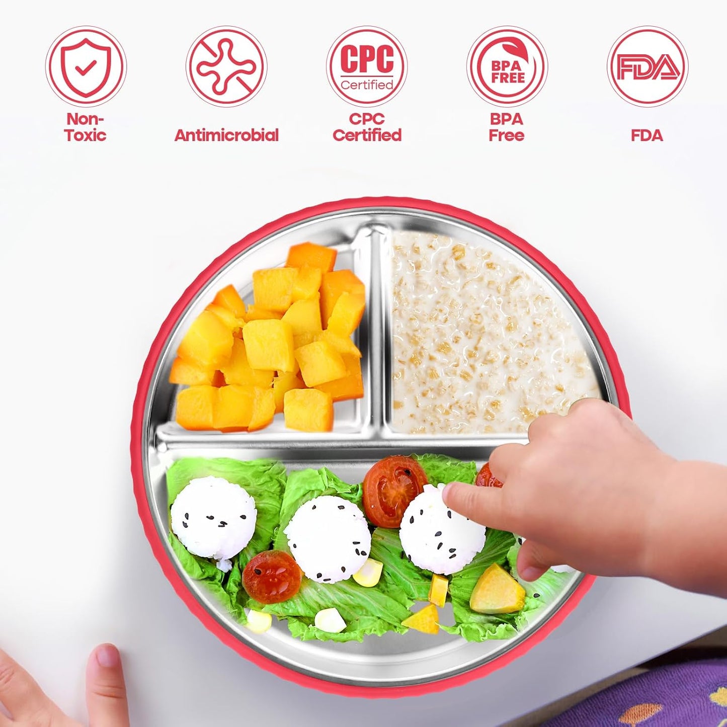 Stainless Steel Toddler Plates with Suction, 2Pack 9" Divided Kids Plates Removable Non Slip Silicone Sleeves Baby Feeding Led Weaning Supplies, BPA Free, Unbreakable Dishwasher Safe