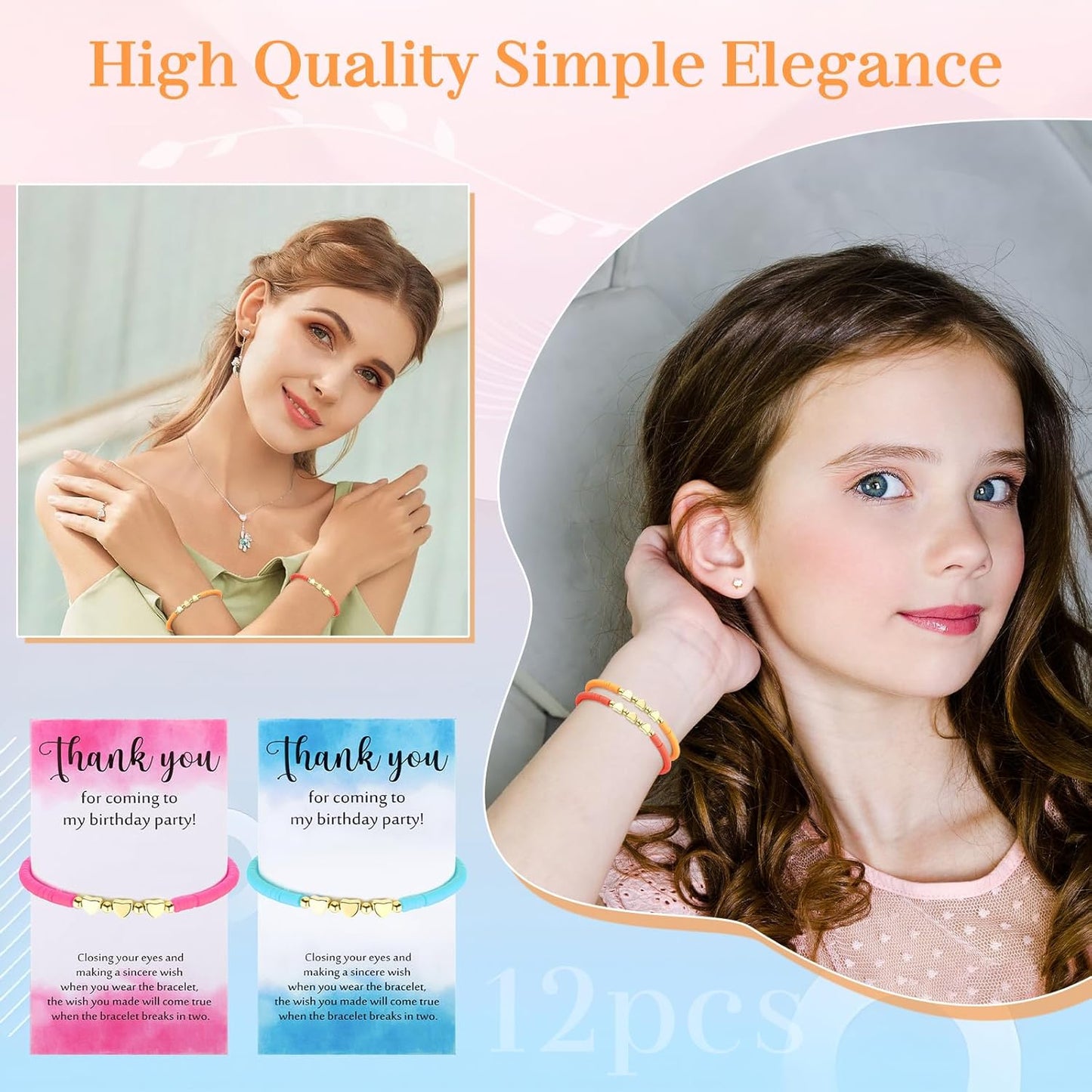 Birthday Party Favor Bracelets Beaded Rainbow Clay Heart Bracelet with Thank You Wish Gift Card for Kids Girls Birthday Party Supplies Bags Suffer with Different Themes