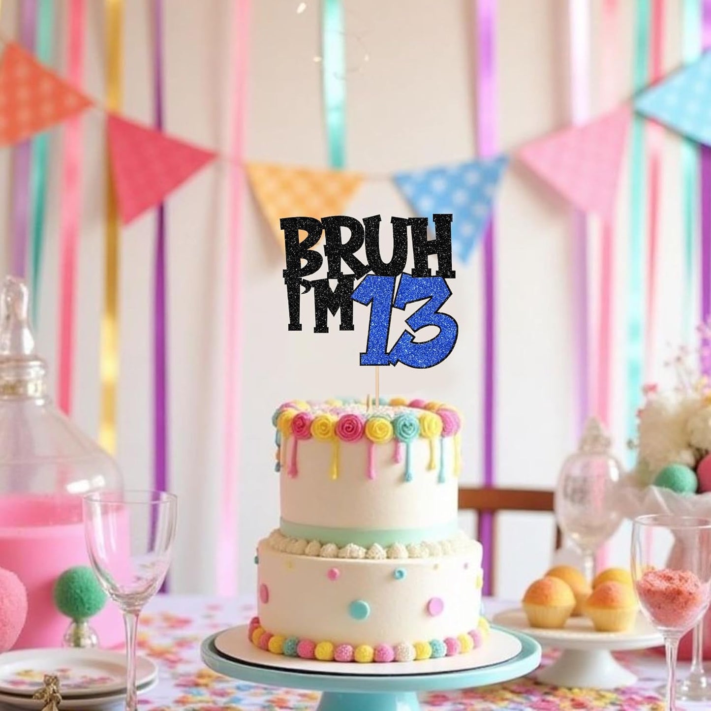1 PCS Bruh I'm 13 Cake Topper Glitter Happy 13th Birthday Cake Pick Bro I'm 13 Cake Decoration It's My 13th Birthday Decorations for Cheers to 13 Years Old Birthday Anniversary Party Supplies Blue