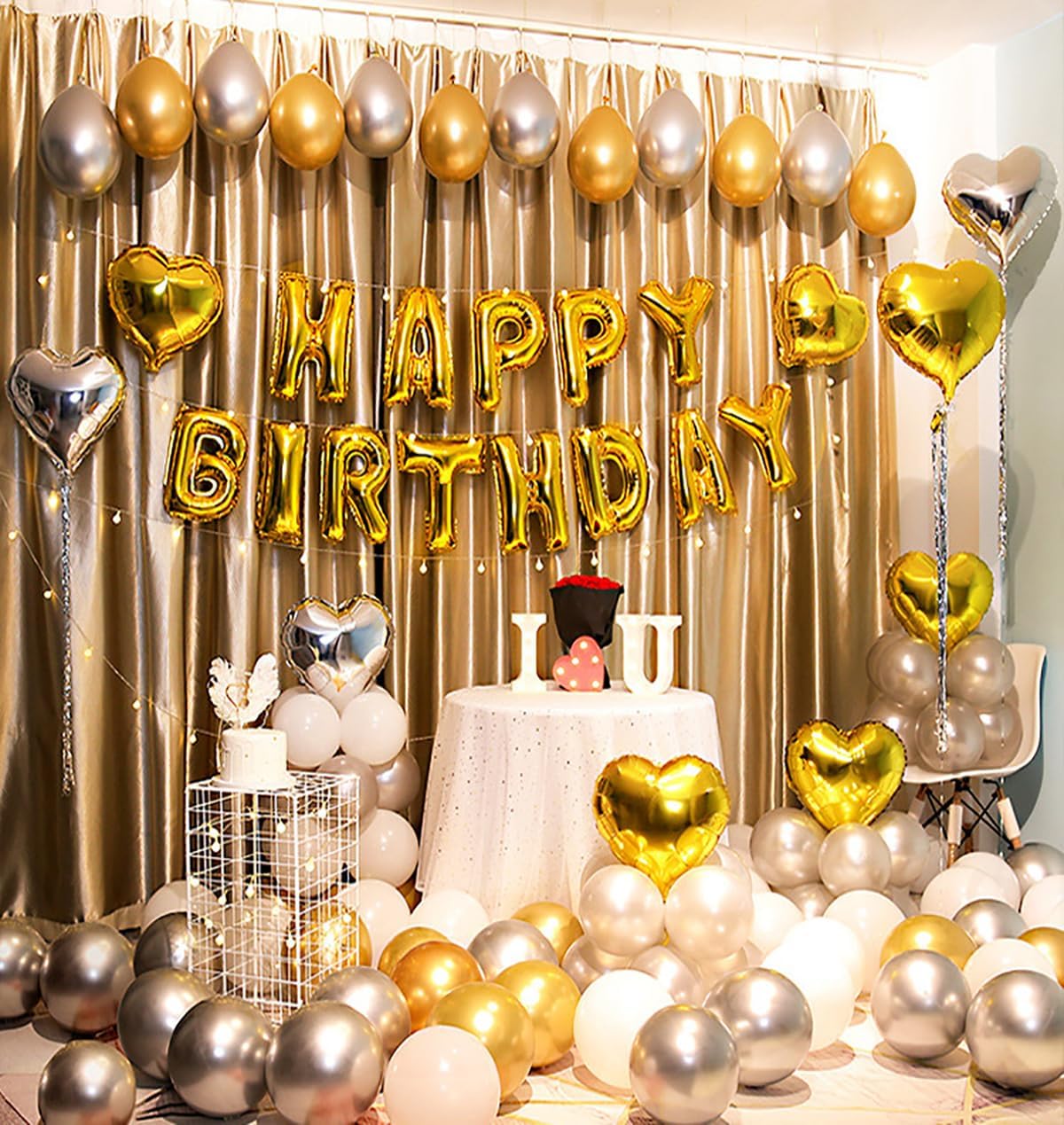 KALOR Gold Black Happy Birthday Balloons Kit with16 Inch Mylar Foil Letters Balloon and Star Balloons for Women, Men, Boys & Girls Kids Birthday Decorations Photo Backdrop