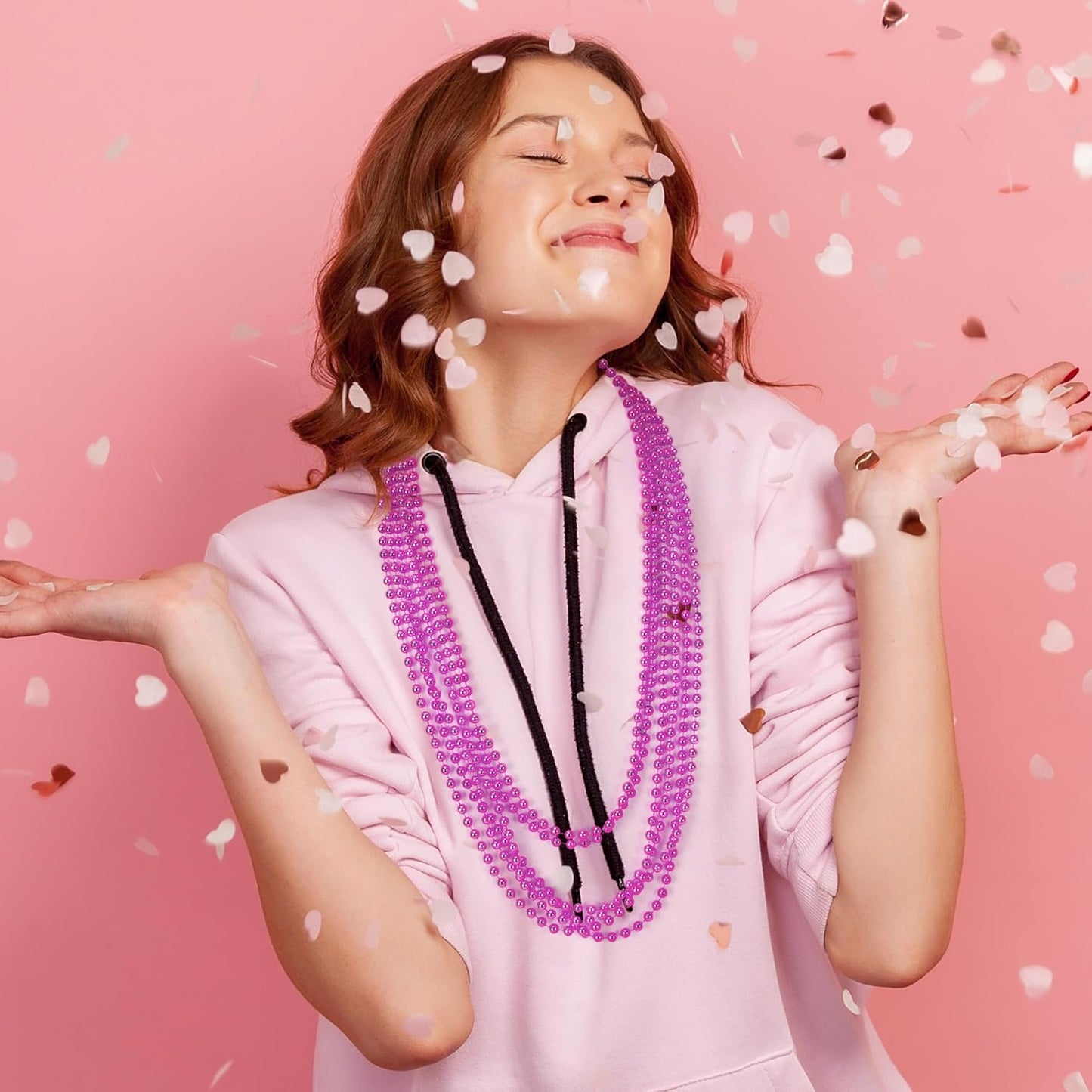 12 PCS Pink Beads Necklaces, 33" Mardi Gras Beads Party Favors, Festival Parade Throws Stuff, Round Beaded Necklaces Party Favors for Breast Cancer Awareness Accessories Gender Reveal