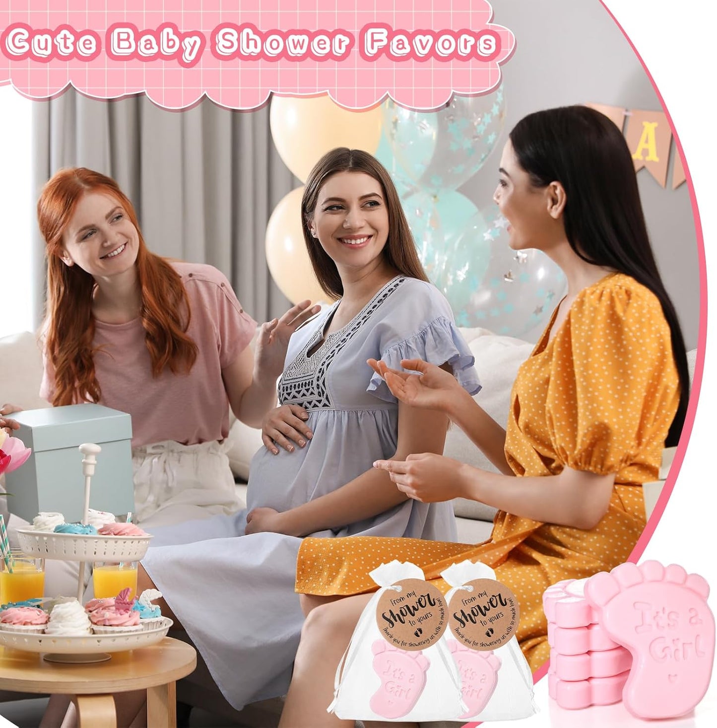 50 Sets Baby Shower Soap Favors for Guests Boy Girl Mini Handmade Scented Soaps with Thank You Tags and Organza Bags for Shower Gender Reveal Party Favors(It's A Girl,Pink Baby Feet)