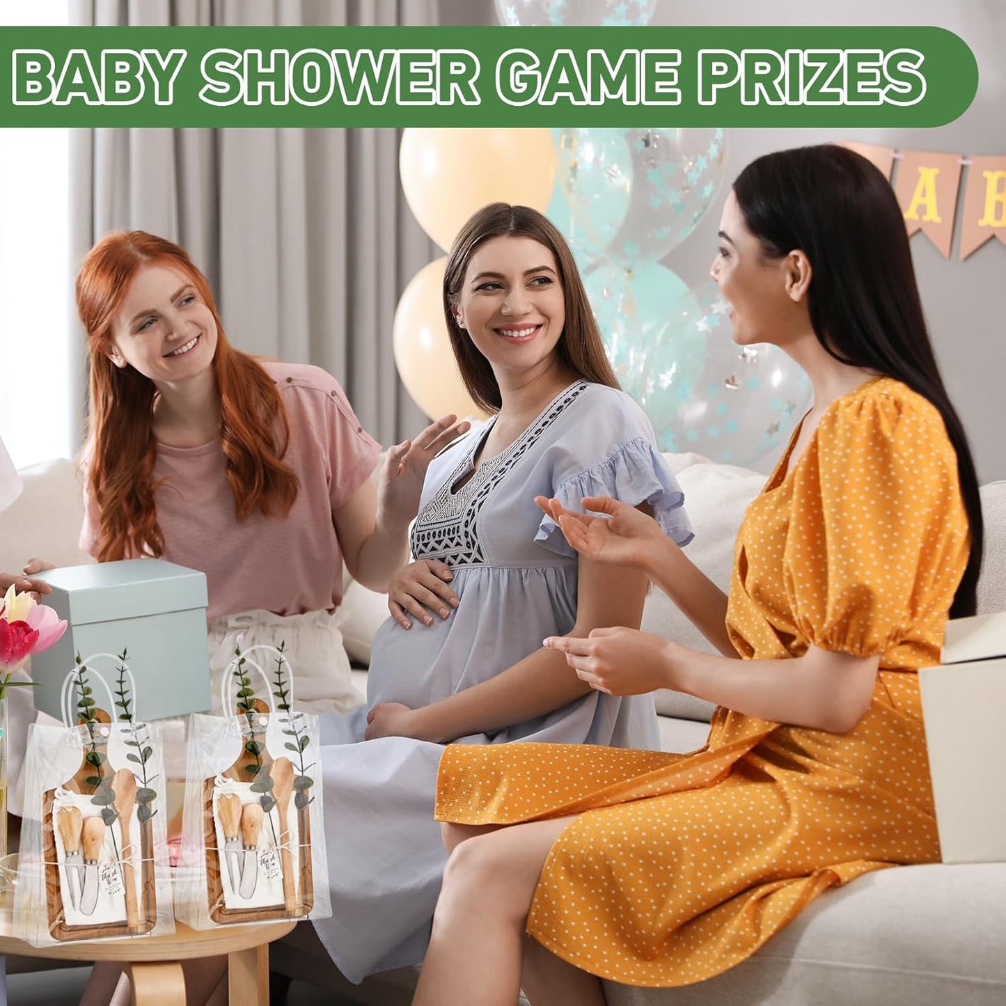 Baby Shower Prizes for Game Winners Bamboo Cheese Board Spoon Fork Butter Spreaders Plaid Towel Thank You Card and Gift Bags for Baby Shower Wedding Bridal Shower Favors (Acacia, 10 Sets)