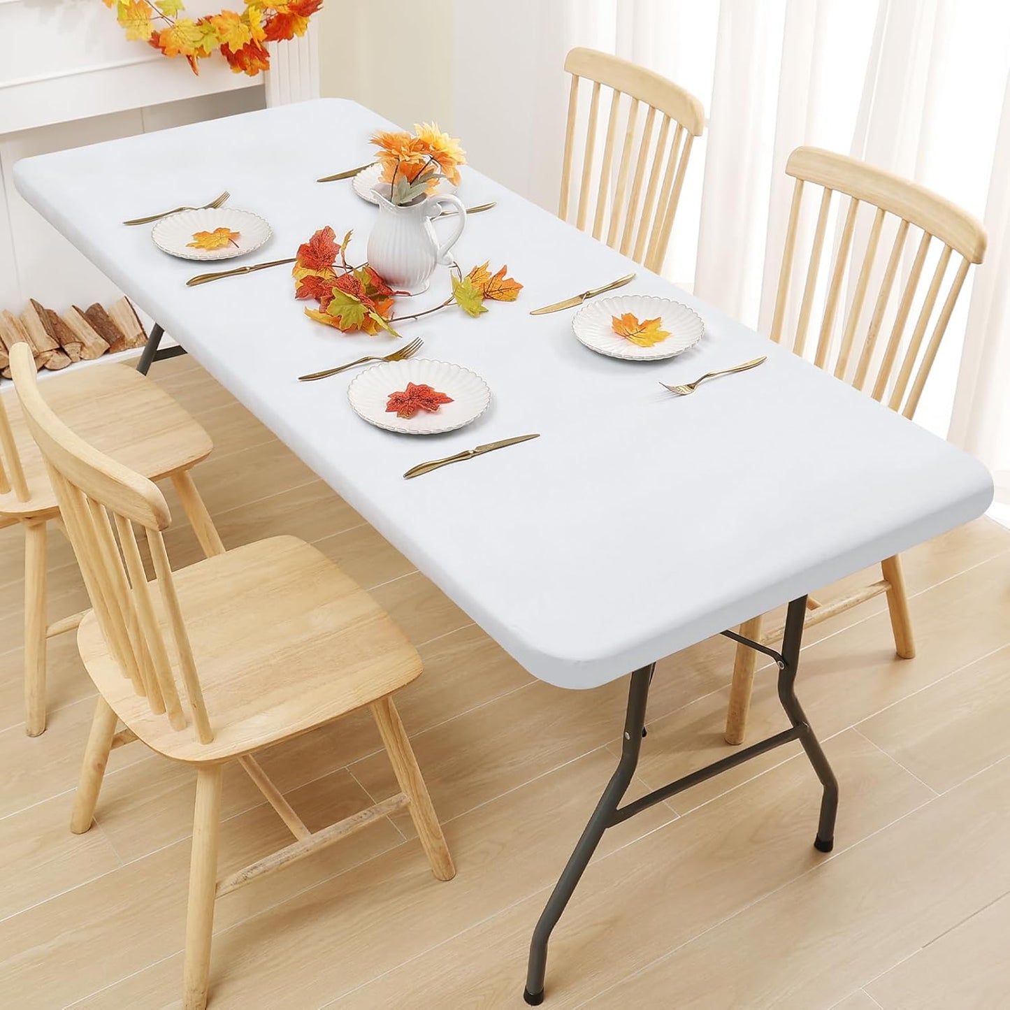 Smiry Rectangle Tablecloth, Elastic Fitted Flannel Backed Vinyl Tablecloths for 6ft Folding Tables, Waterproof Wipeable Table Covers for Indoor, Outdoor, Picnic and Camping (White, 36"x72")