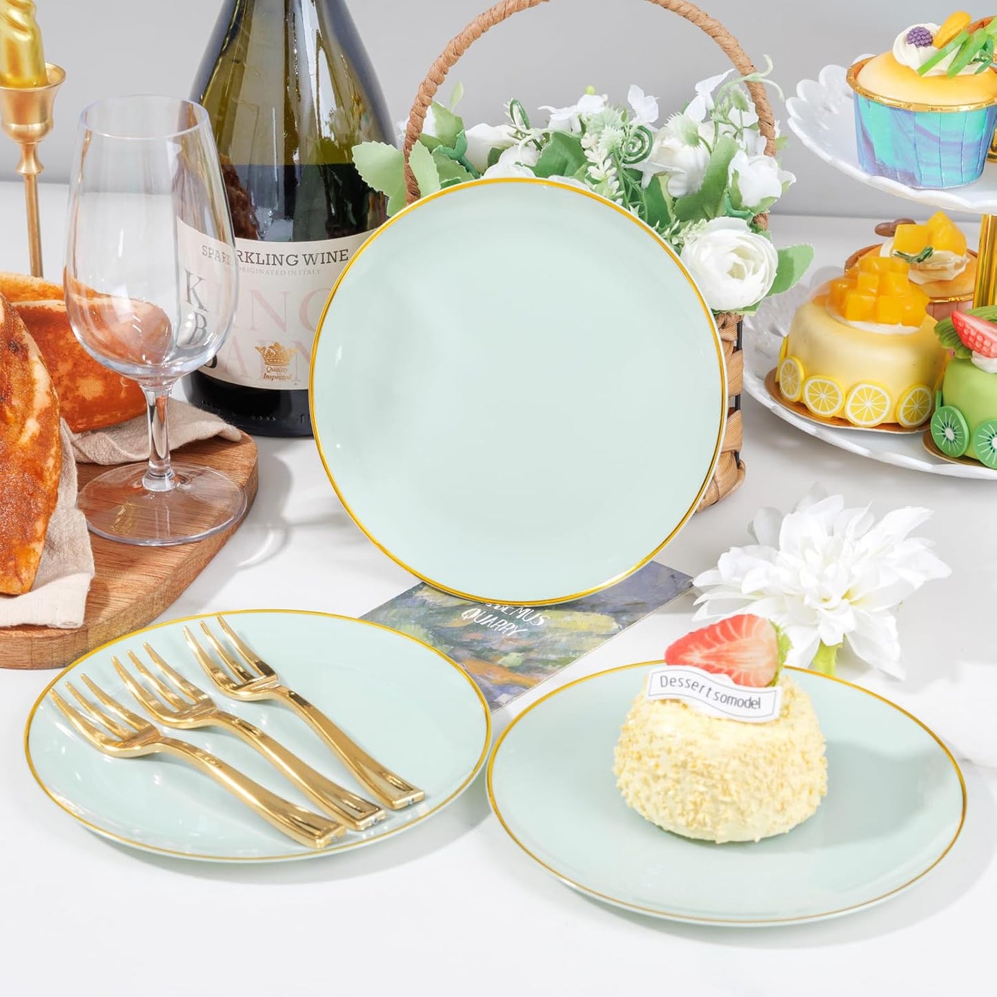 Festiva 200Pcs Pale Sage Green Gold Cake Plates 6.3" with Plastic Forks 5"- Disposable Salad Plates-Green Dessert Plates-Appetizer Plastic Plates - include 100Plates 100Forks for Party&Wedding&Easter