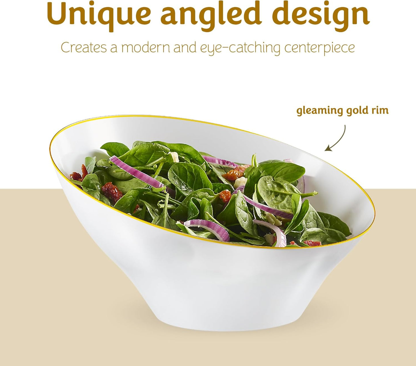 PLASTICPRO Angled Plastic Bowls Disposable Large Plastic White Serving Bowls with Gold Rim for Party for Appetizer Salads Pack of 4