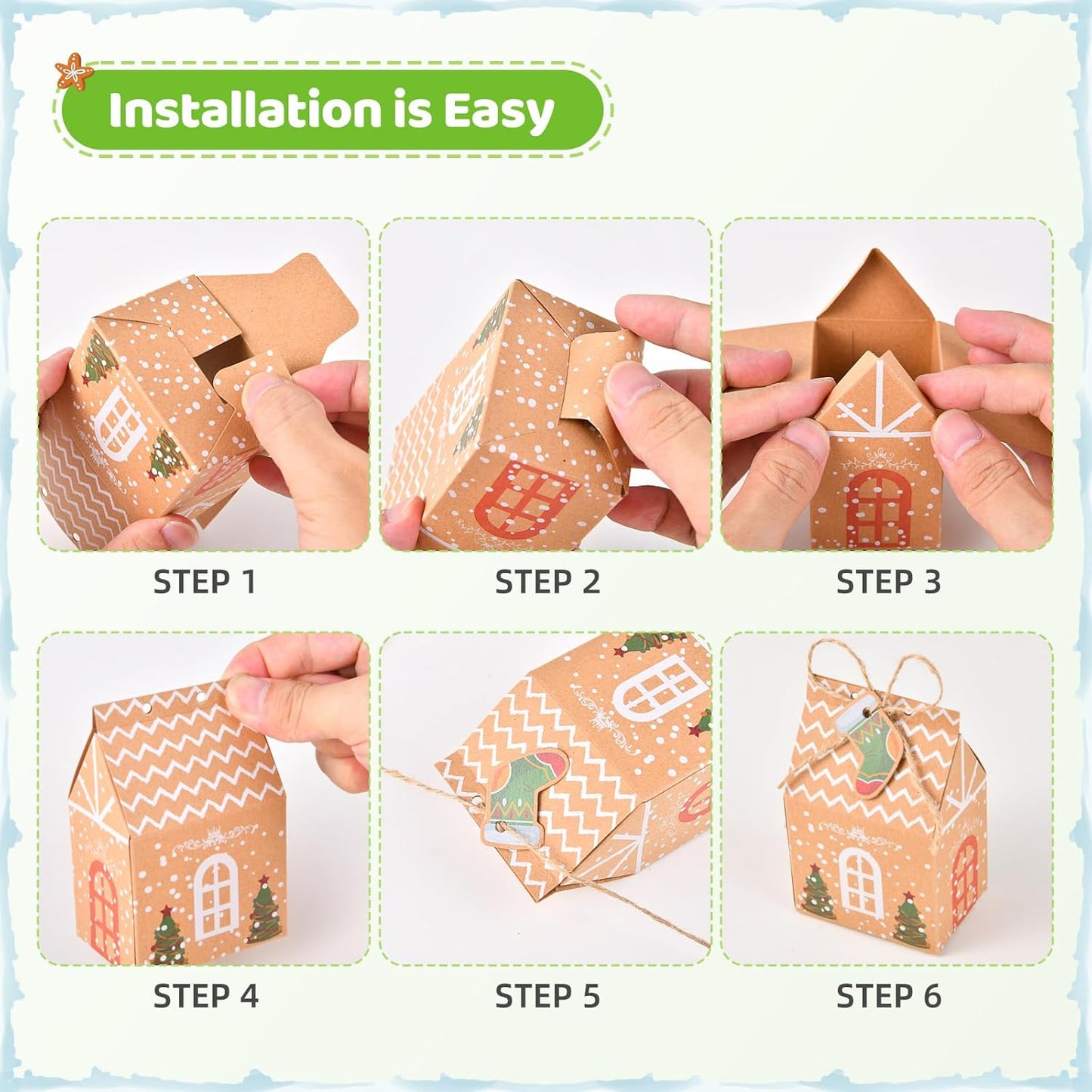 50 Christmas Gift Bags Cookie Boxes, Christmas gift Goody Boxes, Creative sticker House shaped food Storage Wedding gifts or Baby Shower Party Favors