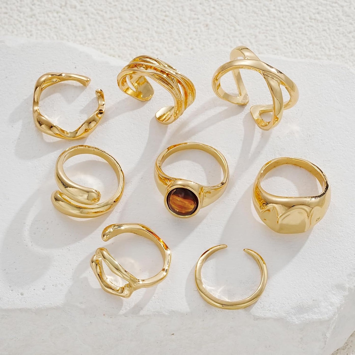 FAXHION 12PCS Gold Stackable Rings Set for Women, 18K Gold Plated Open Stacking Knuckle Ring, Adjustable Chunky Signet Band Statement Ring for Gift