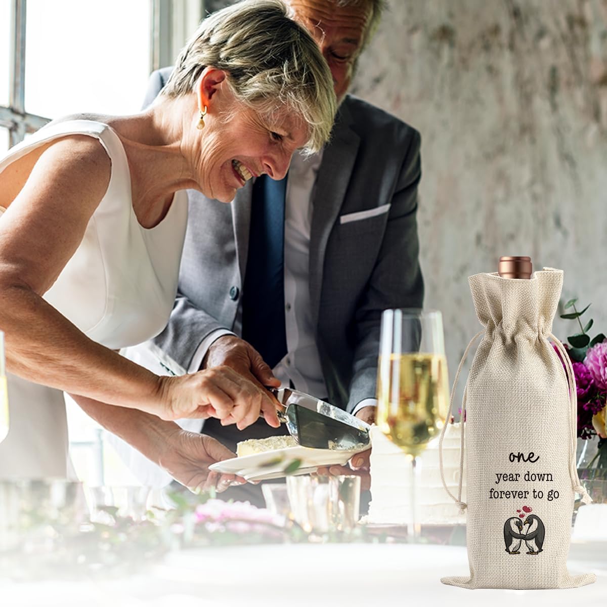 Gifts for First Anniversary for Couple Parents Husband Wife Vow Renewal Gifts One Year Down Forever to Go 1 year Wedding Anniversary Wine Gift Bag