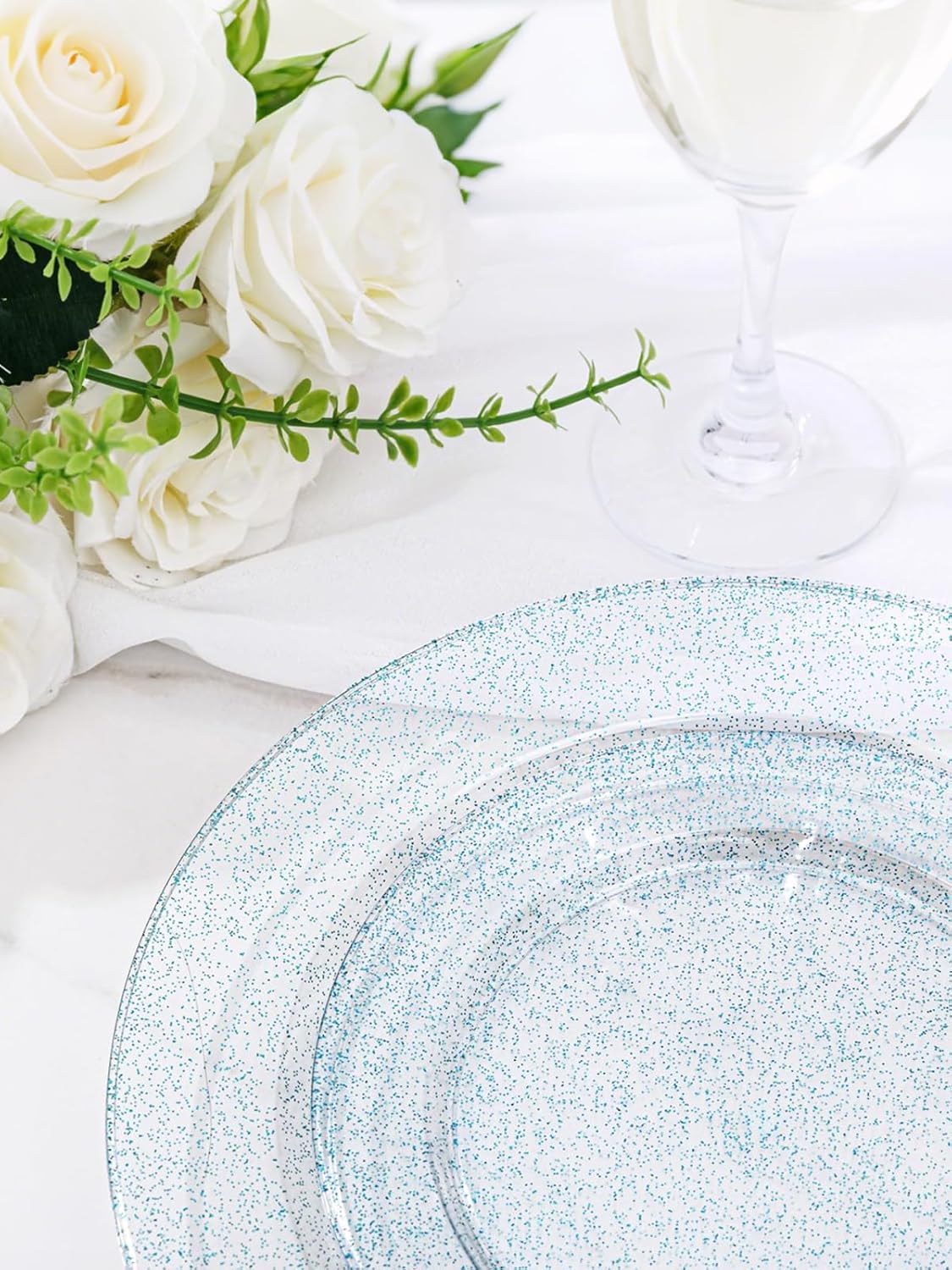 WDF 200PCS Blue Plastic Plates - Blue Glitter Plastic Plates - Heavy Duty Disposable Plates - Include 100 Dinner Plates 10" and 100 Dessert Plates 7" for Parties/Wedding/Graduation