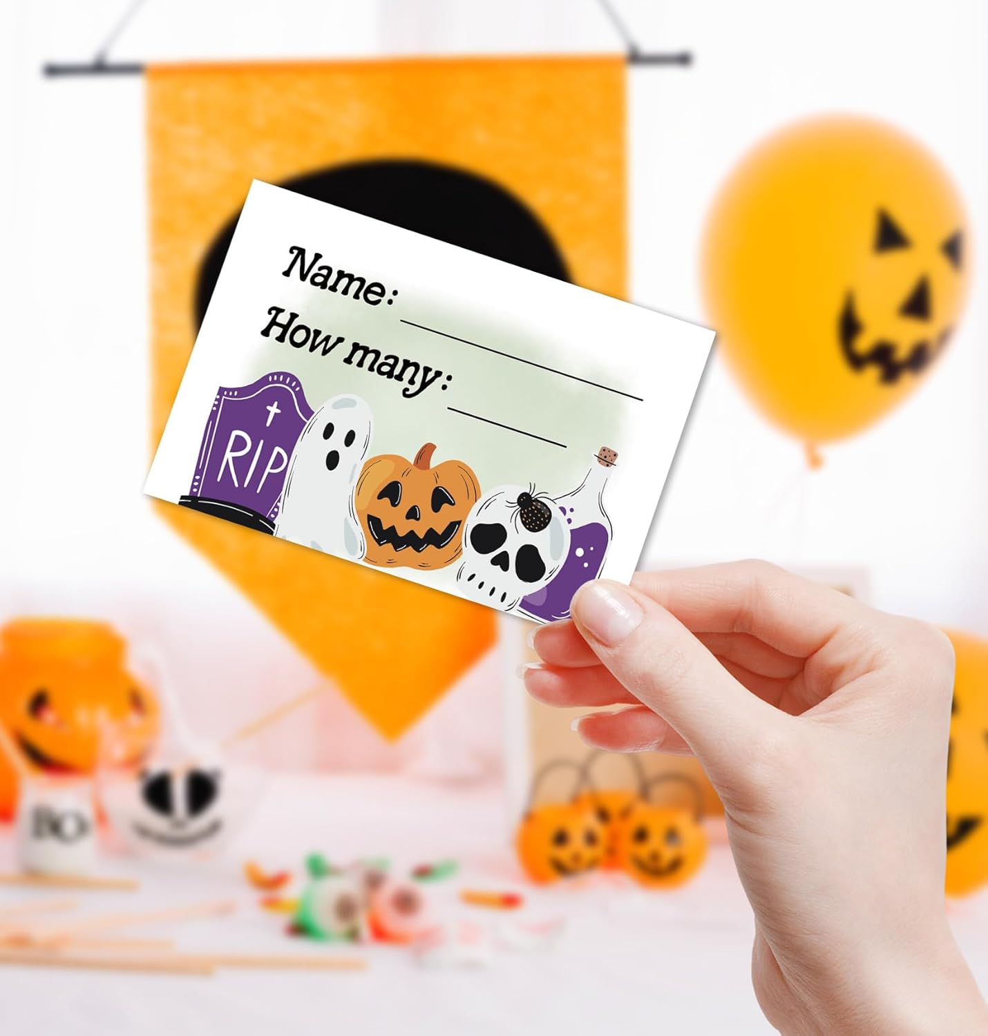 Halloween Guess How Many Party Games for Adults and Family,Halloween Raffle Cards Kits (1 Standing Sign & 50 Guessing Cards),Backyard Indoor Outdoor Guessing Activities for Birthday Party-6