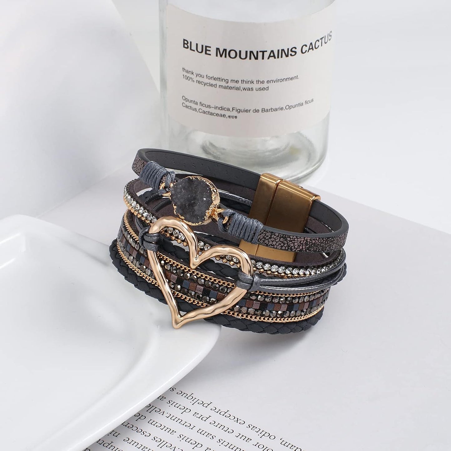 Leather Wrap Bracelet for Women Beaded Cuff Bracelet with Heart-shape Decor Bohemian Crystal Bracelet Jewelry with Clasp Bangle Bracelet for Women Girls Birthday Holiday Gift