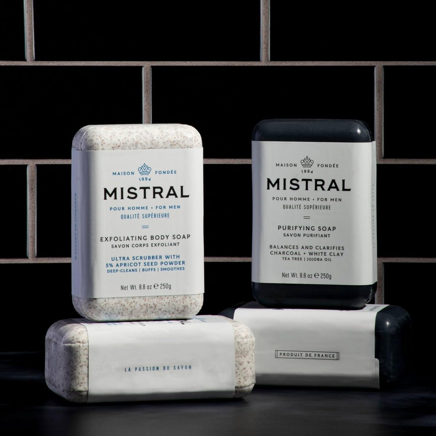 Mistral Exfoliating Bar Soap for Men - 8.8 oz | Luxury French Scrub Bar with Apricot Seed Powder, Marine Minerals, Shea Butter, pH‑Balanced, Sulfate‑Free, Daily Use | Natural Men's Body Soap