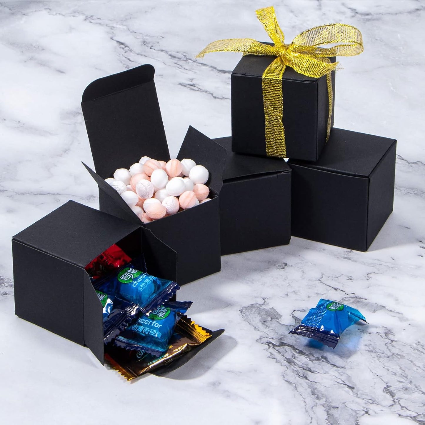 50 Pack Black Gift Boxes 2x2x2 inches, NIGNYA Small Kraft Cardboard Gifts Boxes Paper Cube Favor Box Easy Assemble Paper Gift Box with lids for Candle Packaging,Presents Birthday Christmas Wedding Party
