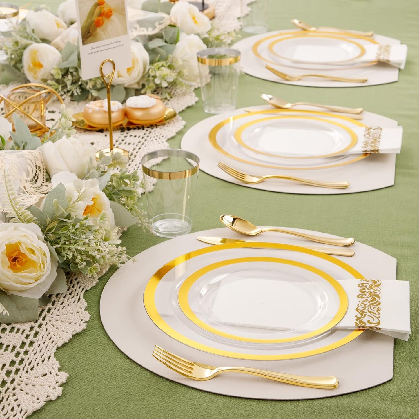 YOUBET 210PCS Thanksgiving Plastic Plates - Heavy Duty Clear Gold Disposable Plates Includes 30 Dinner Plate, 30 Dessert Plate, 30 Gold Cups, 30 Napkins for Thanksgiving Party & Wedding