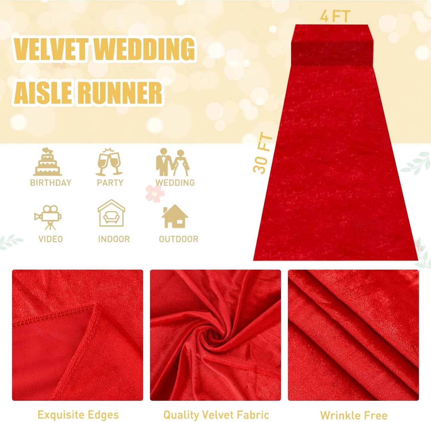 FUHSY Red Carpet Aisle Runner for Wedding Ceremony 4ft x 30ft Velvet Wedding Aisle Runners Party Runner Rug Wedding Runner Aisle Outside Aisle Runners for Weddings Bridal Shower Red Aisle Decorations