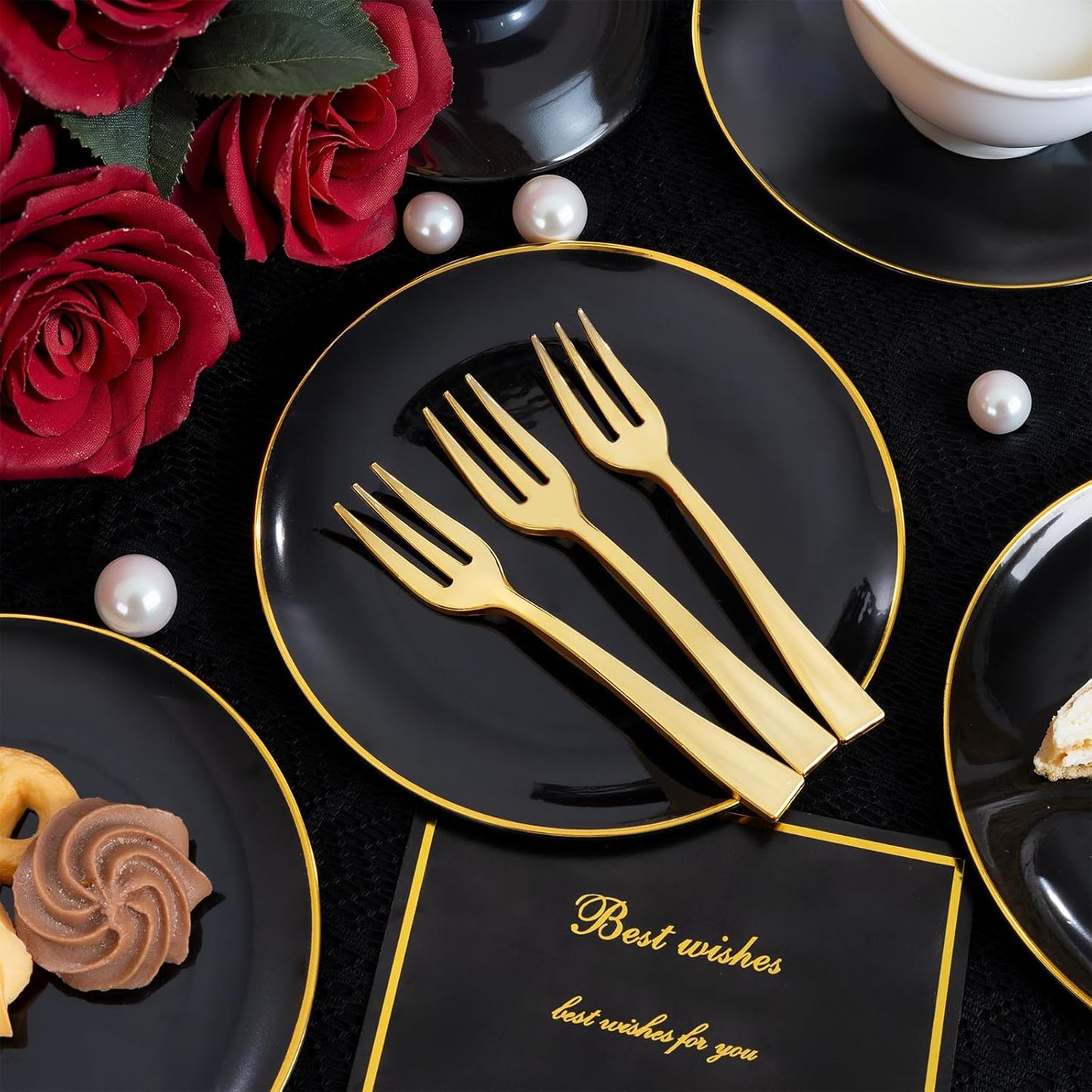 Festiva 400Pcs Black Gold Dessert Plates 6.3" with Forks 5"- 200PCS Small Disposable Dessert/Cake/Appetizer Plates and 200PCS Forks - Serve 200 Guests for Halloween Party&New Year