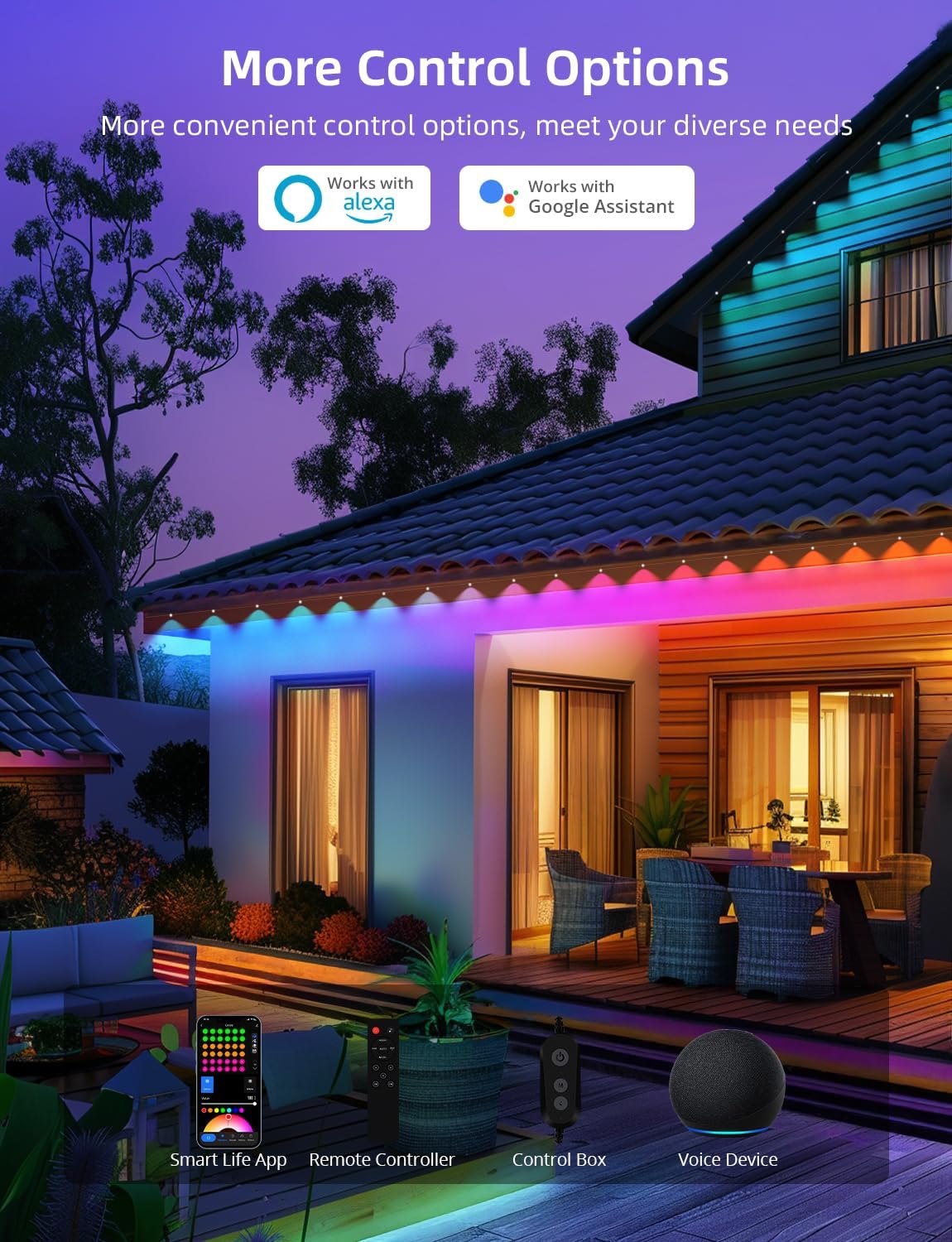 APPECK Permanent Outdoor Lights 50ft with 36 RGBW LEDs, DIY Scene Modes, LED Eaves Lights Waterproof with App Control, for Daily Holiday House Decorations, Voice/Remote Control, Black