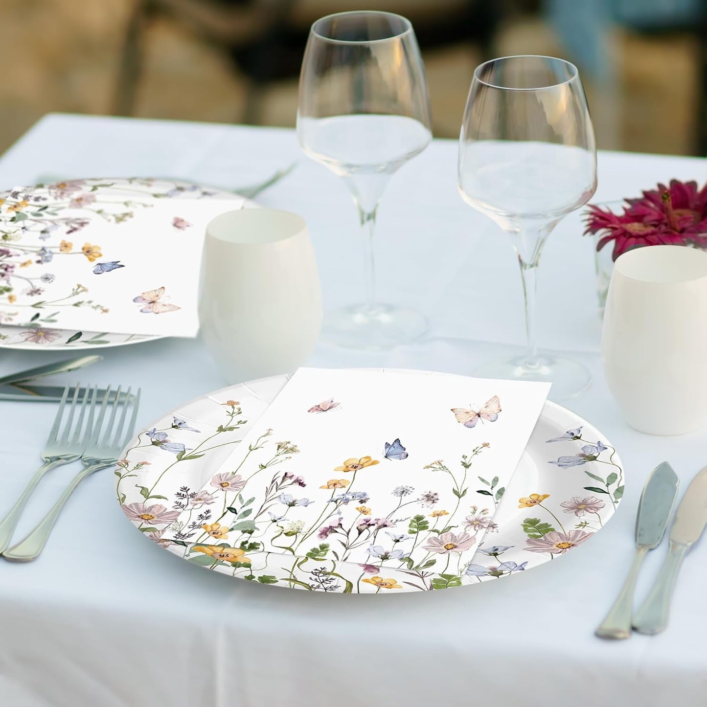 Audree 96 Pcs Wildflower Party Supplies, 24 set Disposable Paper Plates and Napkins for Party Baby Shower, Wedding, Birthday, Perfect for Guests Set Dinner and Dessert Plates, Napkins, Plastic Forks