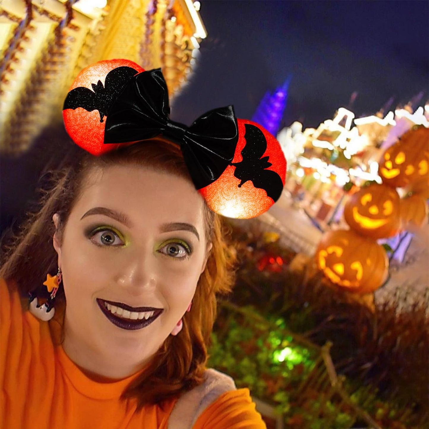 Halloween LED Mouse Ear Headband with Bats, Light Up Sequin Bow Hairband, Flashing Glowing Party Decoration Headwear Hair Accessories for Women Girls