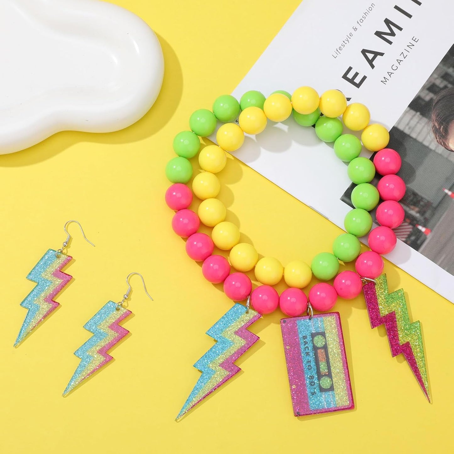 80s Outfits Costume Accessories for Women 80s Necklace Neon Beaded Necklaces for Glow Party Beads Necklaces with Lightning Earrings Tape Neon Jewelry Set for Women 80's Party Favors Decorations