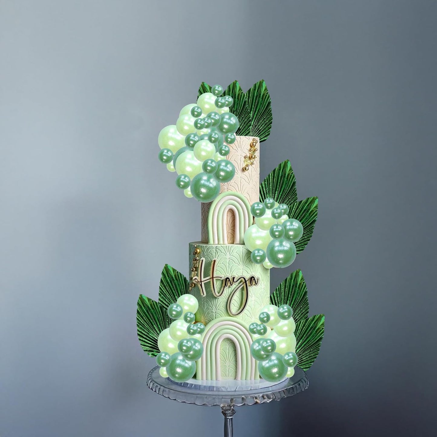 Ephlyn 28Pcs Paper Palm Fan Cake Topper Balls Cake Pick Wedding Bridal Shower DIY Cake Decorations for Baby Shower Wedding Birthday Anniversary Party Supplies Light Green