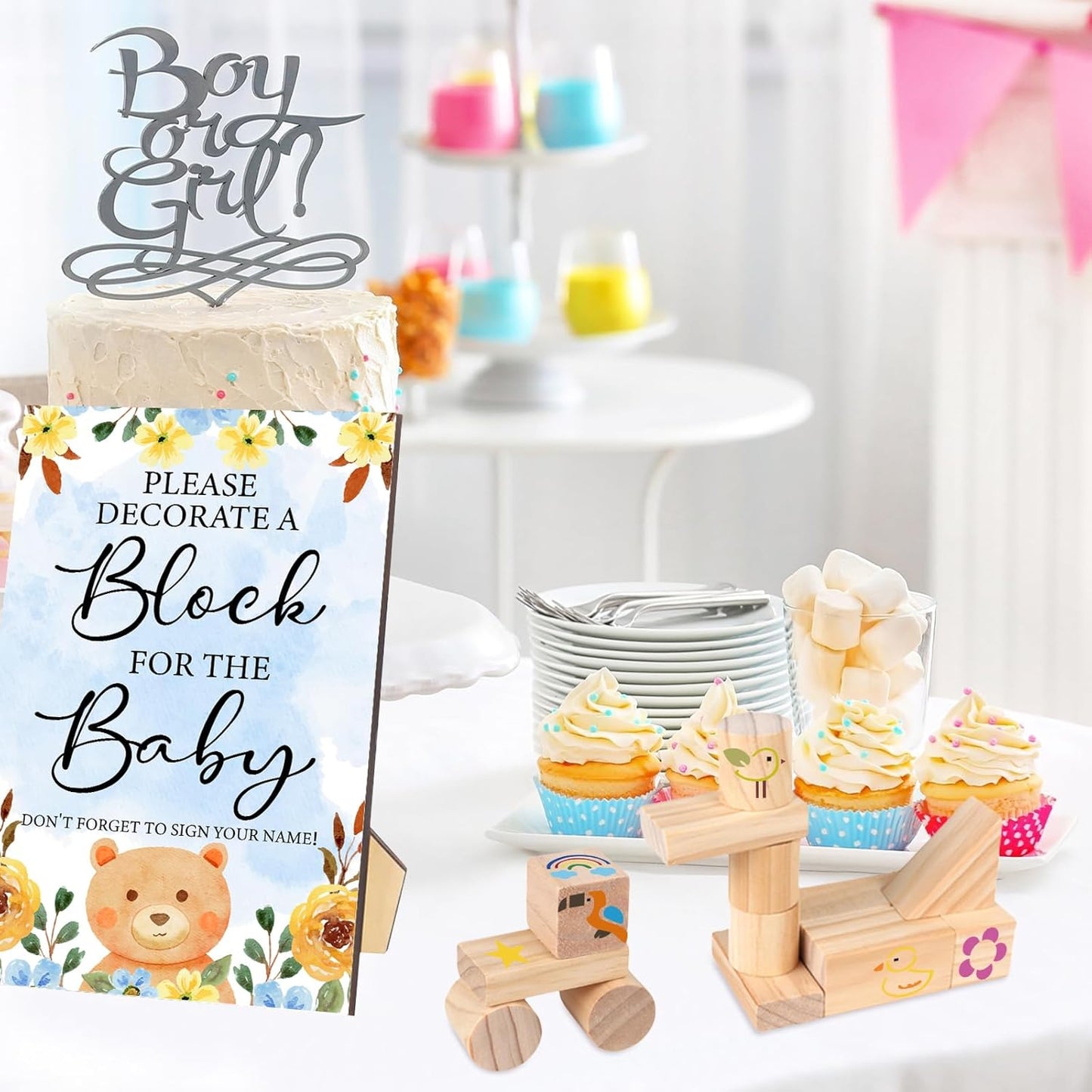 141 Pcs Baby Shower Game Sign Set Includes Decorative Square Signs 100 DIY Blank Wooden Blocks 20 Paint Markers(Bear)