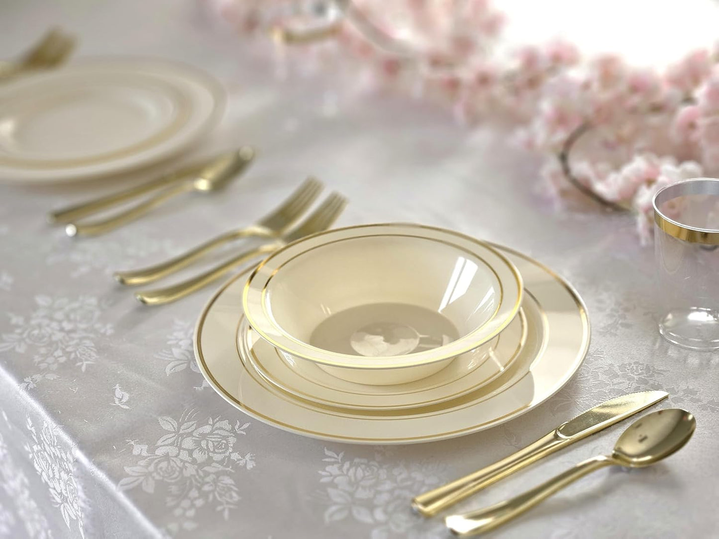 " OCCASIONS " 40 Piece Plates Pack, Heavyweight Disposable Wedding Party Plastic Bowls (14 oz Soup Bowl, Ivory & Gold Rim)