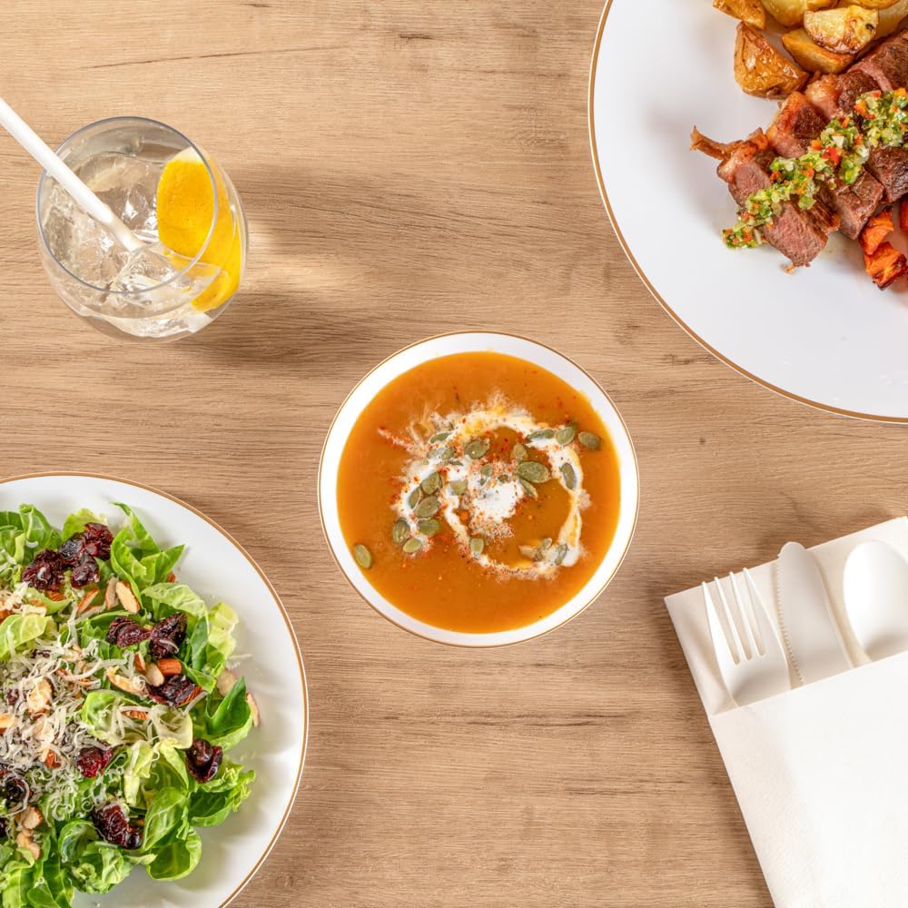 Restaurantware Moderna 6 Ounce Plastic Bowls 20 Durable Disposable Salad Bowls - Gold-Rimmed Heavy-Duty White Plastic Fancy Bowls For Warm And Cold Foods Ideal For Restaurants