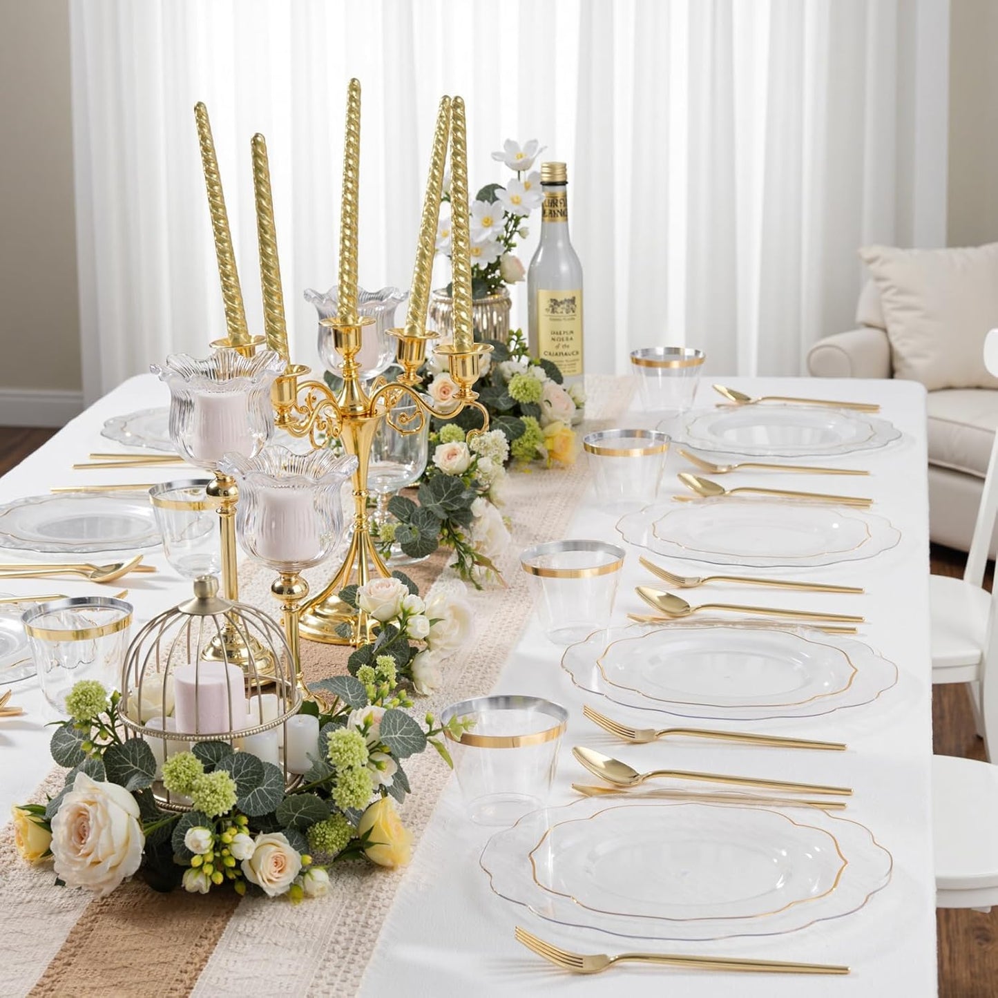 bUCLA 180PCS Clear Plastic Plates with Gold Trim - Clear Gold Plastic Dinnerware Include 30 Dinner & Dessert Plates, 30 Knives, 30 Forks, 30 Spoons and 30 Cups for Party & Thanksgiving