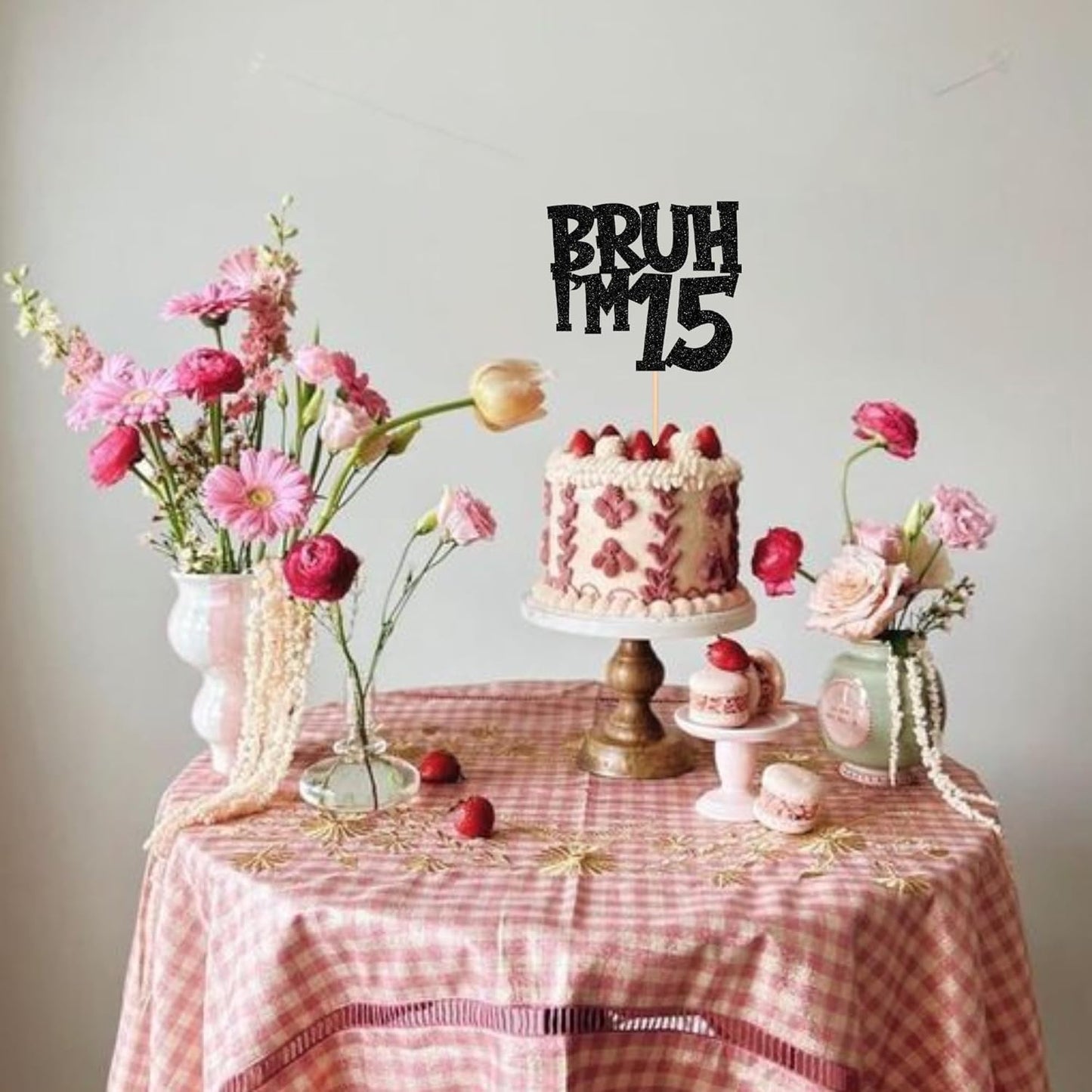 1 PCS Bruh I'm 15 Cake Topper Black Glitter Happy 15th Birthday Cake Pick Bro I'm 15 It's My 15th Birthday Cake Decoration for Cheers to 15 Years Birthday Party Decorations Supplies
