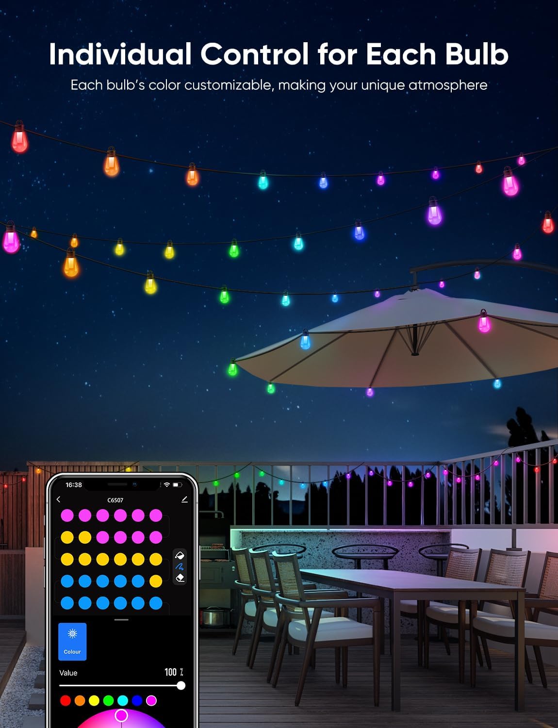 APPECK Smart Outdoor String Lights, 100ft Smart RGBW Outdoor Patio Lights with 30 LED Bulbs, Extendable, 111 Scene Modes, IP65 Waterproof Lighting for Outside, Halloween Decor, Compatible with Alexa