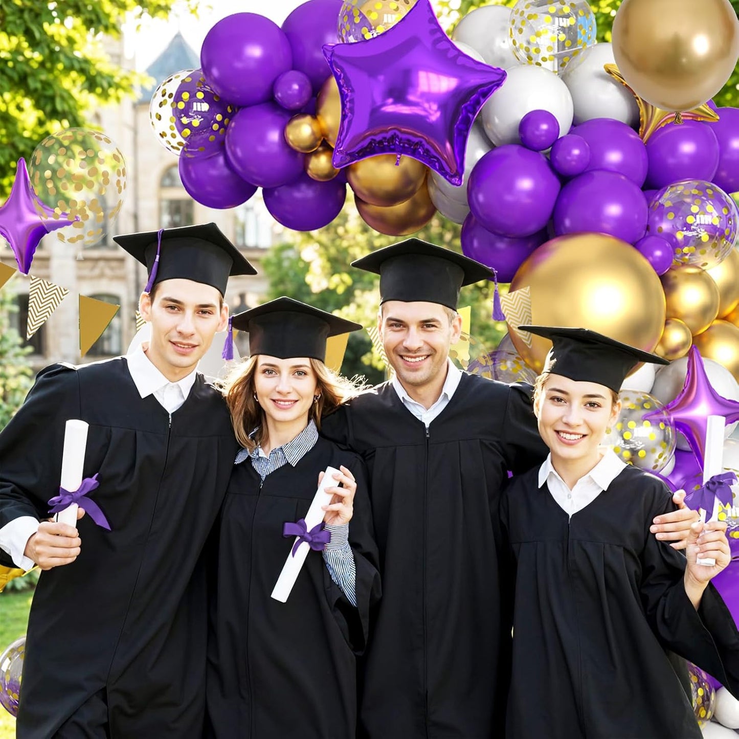 Purple Gold White Balloons Arch Kit with Star Balloon Pennant Flag Bunting 2025 Foil Balloon Banner Purple Gold Confetti Balloons Garland for Class of 2025 Graduation Theme Birthday Party Supplies