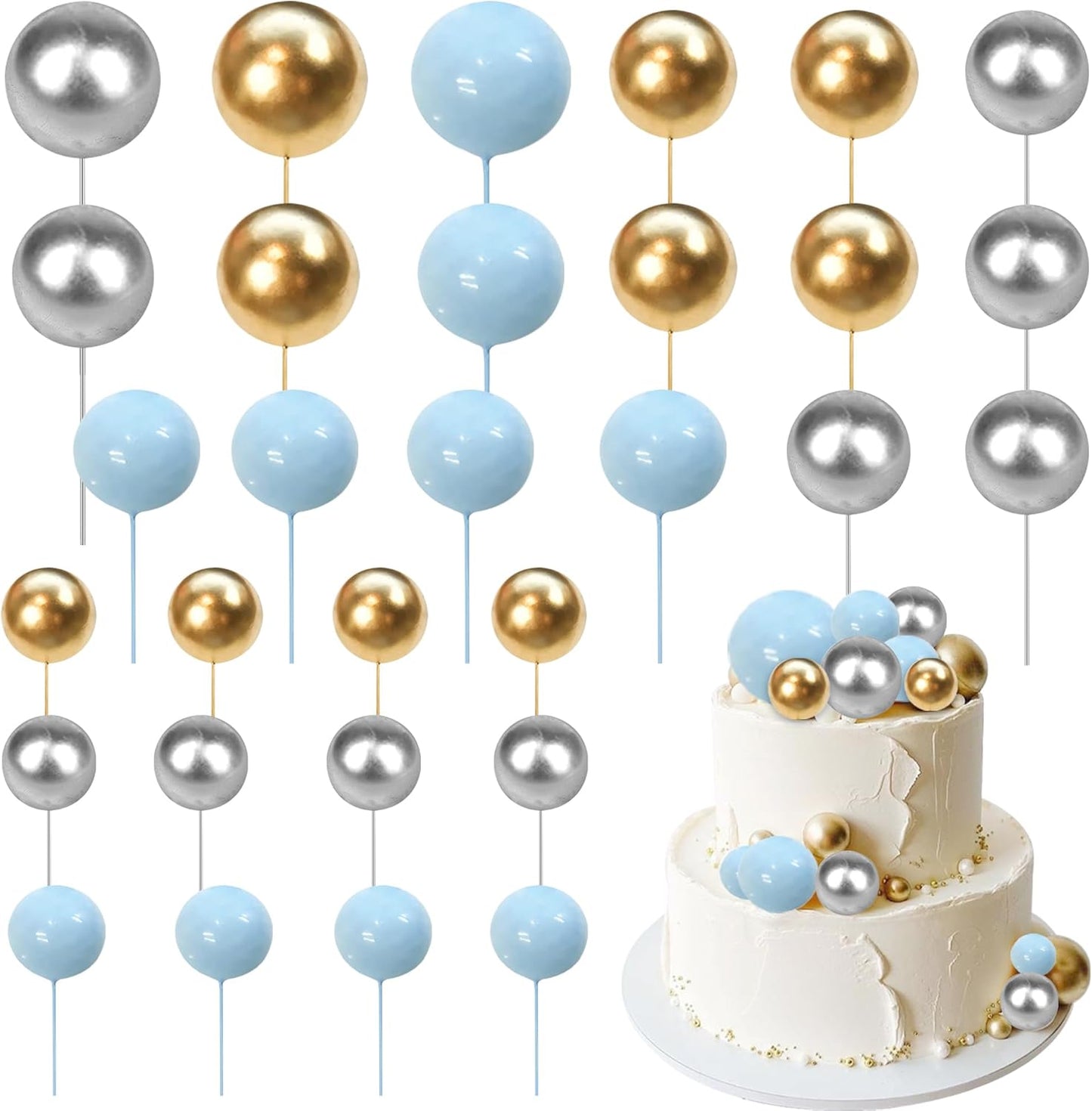 24 PCS Ball Cupcake Toppers Balls Cake Toppes Foam Balls Cupcake Picks DIY Mini Balloon Cake Inset Topper for Baby Shower Birthday Wedding Anniversary Party Decorations Supplies Blue Gold Silver