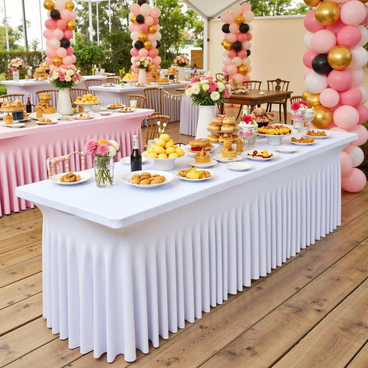 leegleri 12 Pack White Spandex Fitted Table Clothes for 6 Foot Rectangle Tables, Wrinkle Free 6ft Spandex Table Cover with Skirt for Banquet Weddings Parties