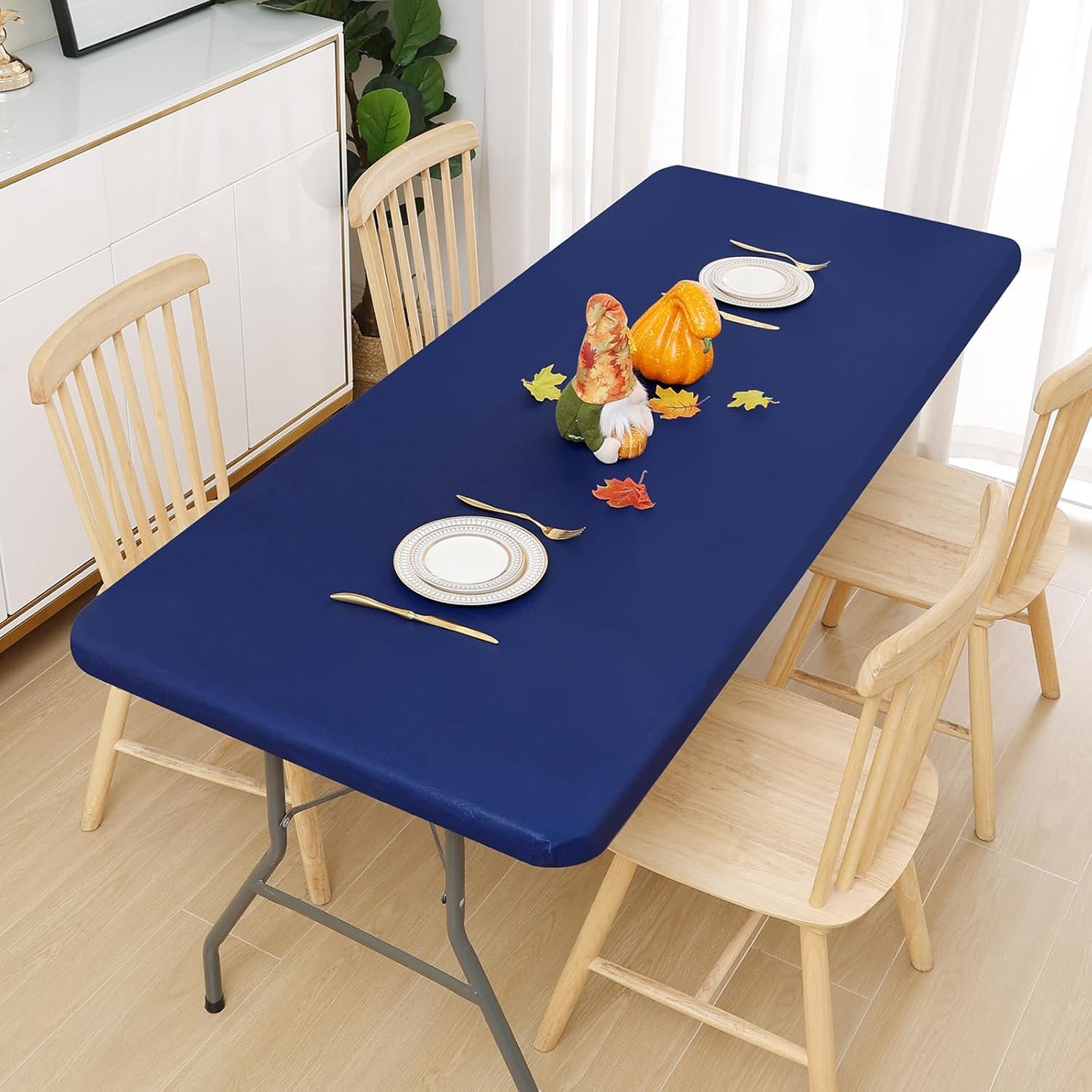 Smiry Rectangle Tablecloth, Elastic Fitted Flannel Backed Vinyl Tablecloths for 8ft Folding Tables, Waterproof Wipeable Table Covers for Indoor, Outdoor, Picnic and Camping (Navy, 36"x96")