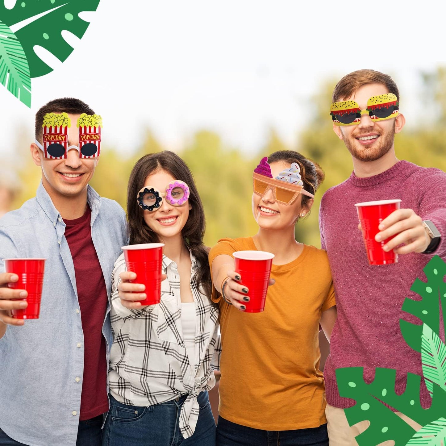 Funny Luau Donut Sunglasses - 12 Pack Novelty Tropical Fancy Glasses, Photo Booth Props for Summer Themed Party Supplies, Pizza Ice Cream Fruit Fun Masks