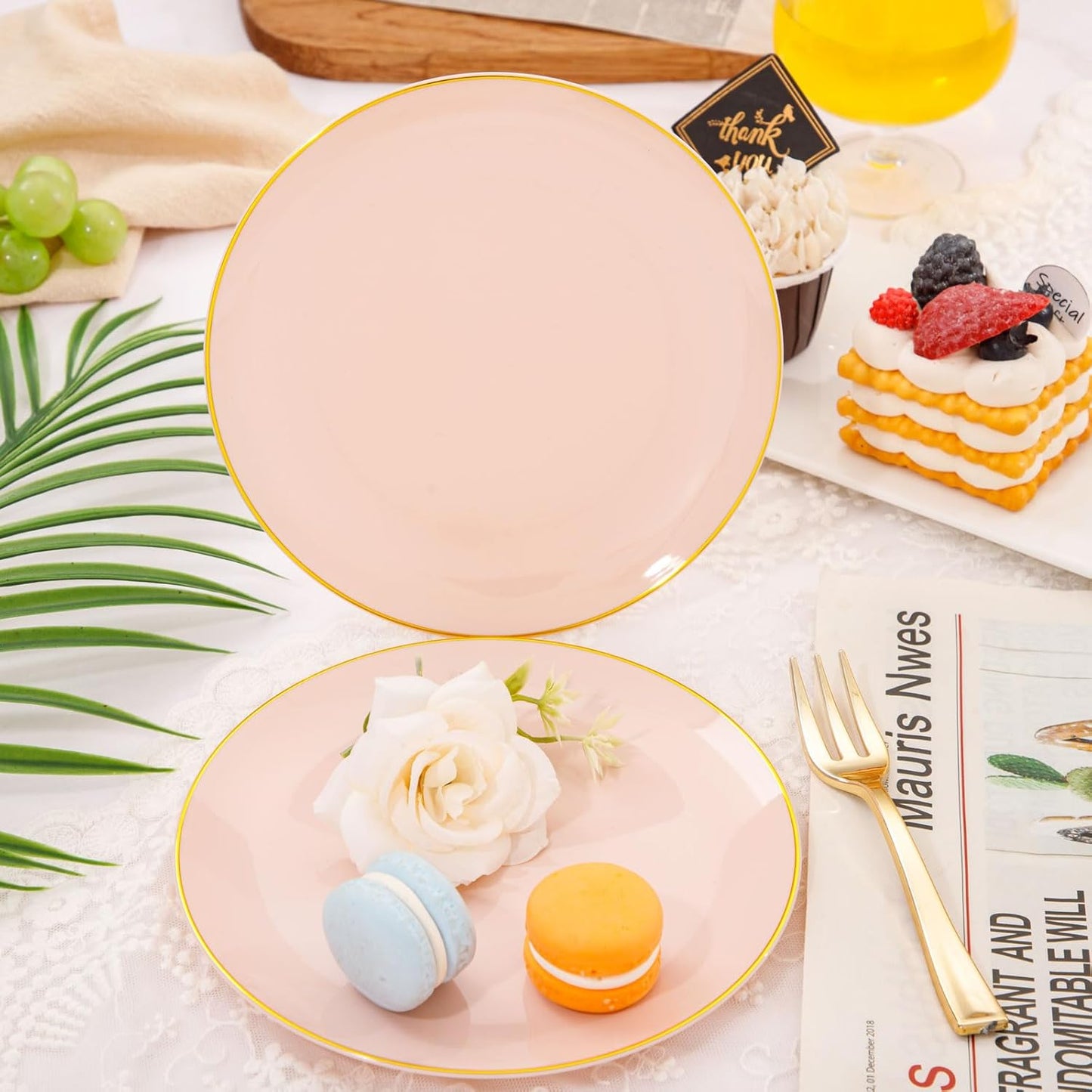Festiva 200Pcs Pink Gold Cake Plates 6.3" with Forks 5"- Disposable Salad Plates-Pink Dessert Plates-Appetizer Plastic Plates - include 100Plates 100Forks for Party&Wedding&Easter&Mother's Day