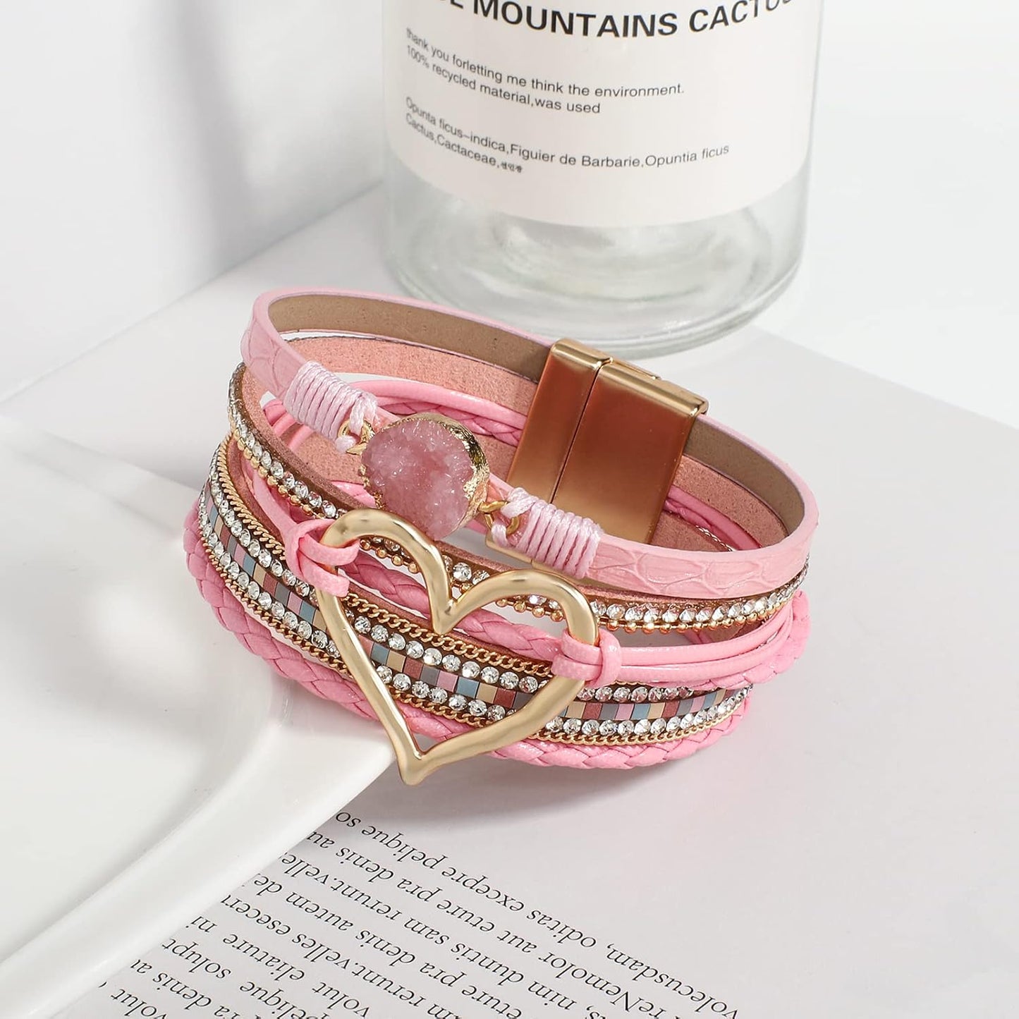 Leather Wrap Bracelet for Women Beaded Cuff Bracelet with Heart-shape Decor Bohemian Crystal Bracelet Jewelry with Clasp Bangle Bracelet for Women Girls Birthday Holiday Gift