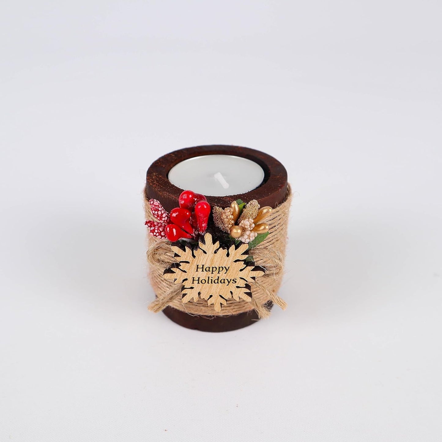 HTF Pack of 10 Christmas Decorations Wood Tealight Candle Holder, Coworker Gift, Happy, New Year, Christmas Candles, Noel Xmas Decoration (CH-Snowflake, Dark Brown)