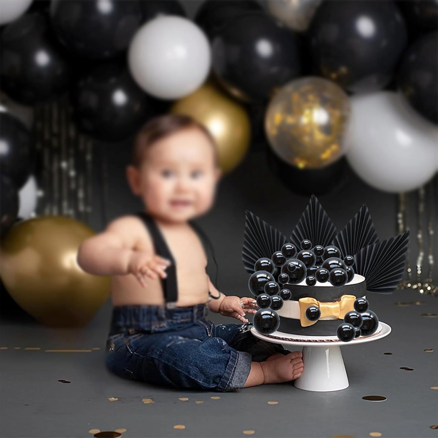 Ephlyn 28Pcs Paper Palm Fan Cake Topper Balls Cake Pick for Baby Shower Wedding Bridal Shower Birthday Party DIY Cake Decorations Supplies Black