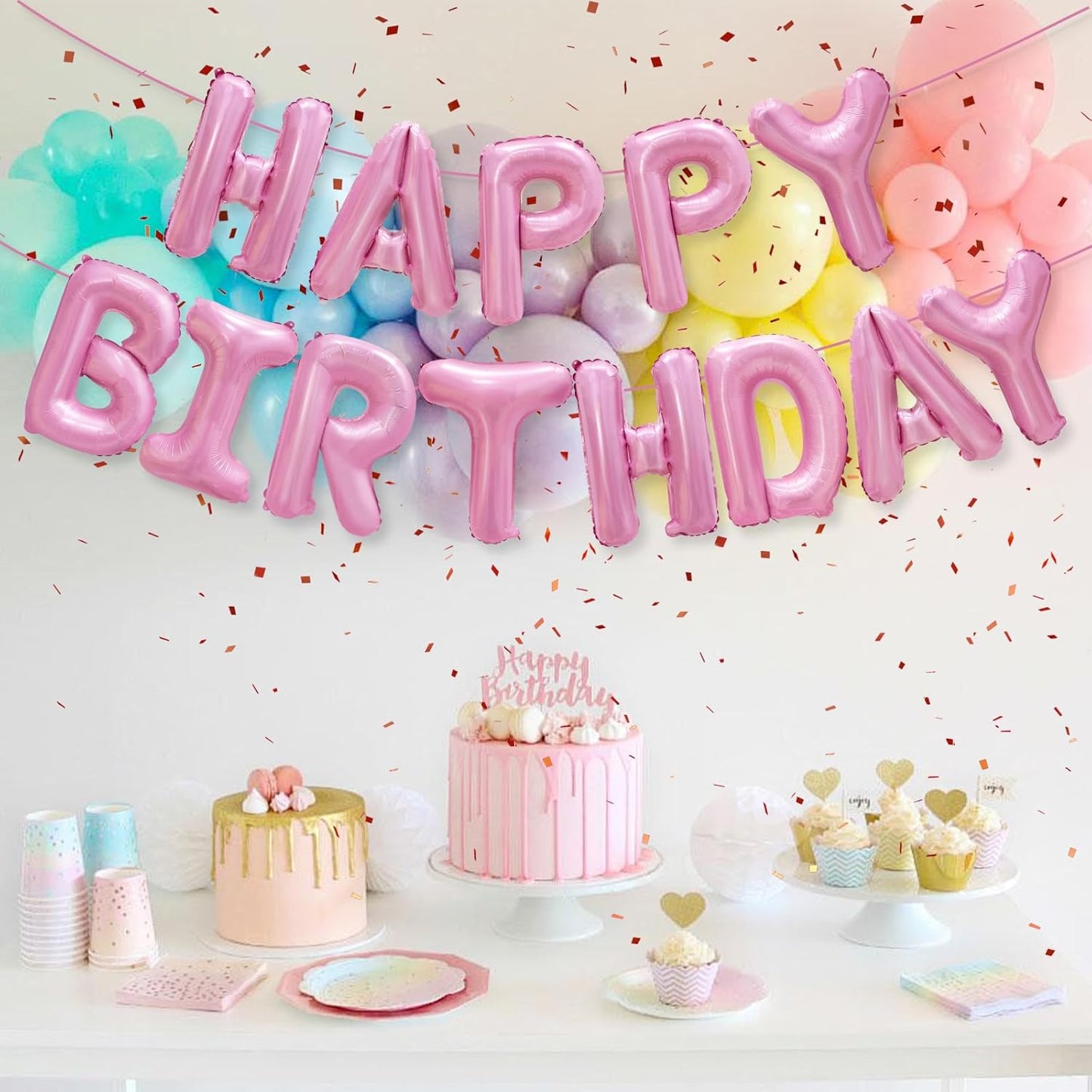 Pink Happy Birthday Balloon Banner Decorations 16 inch for Women Girls Party