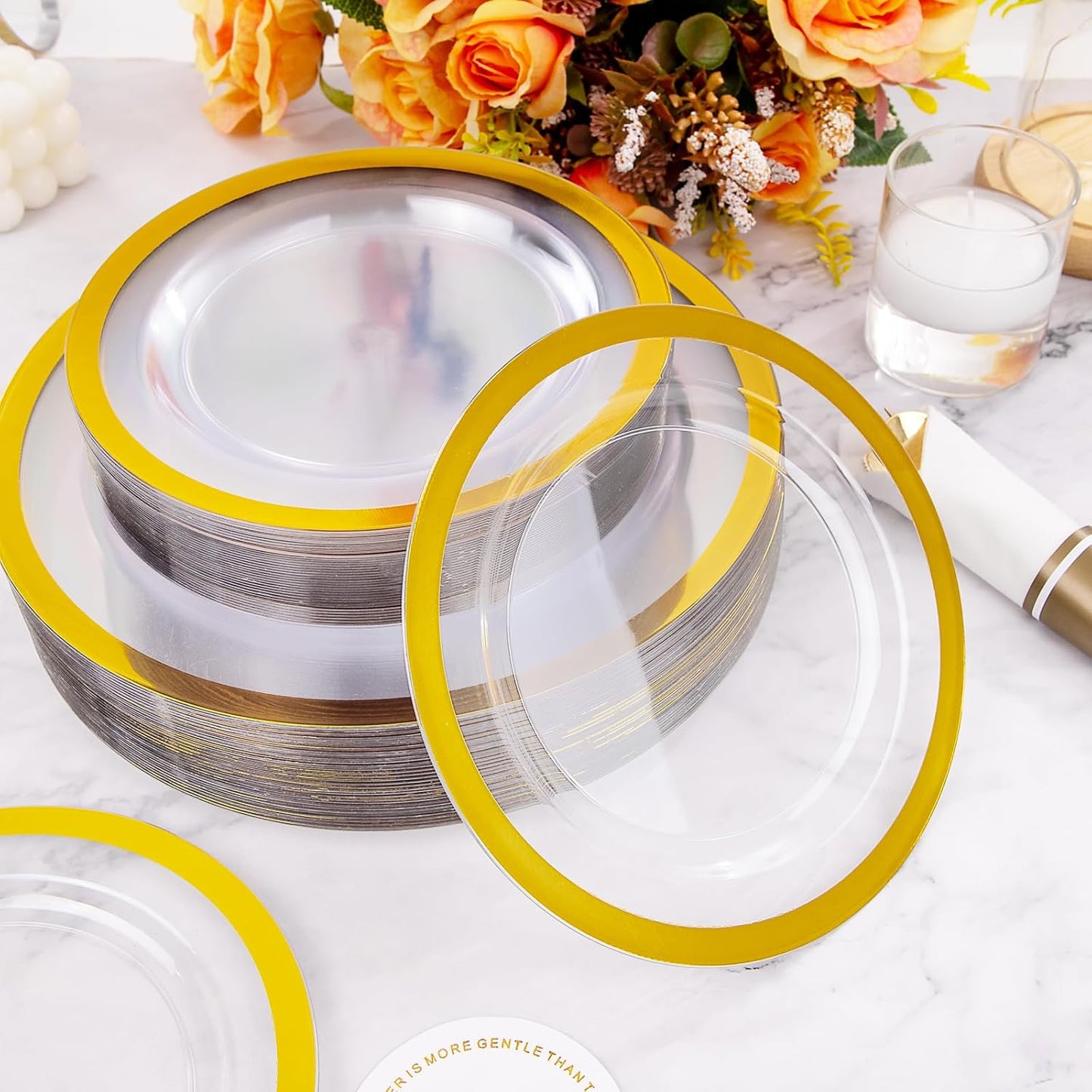 I00000 350 Pcs Clear and Gold Plastic Plates, Gold Disposable Plates, Include 50 Dinner Plates 10.25'', 50 Dessert Plates 7.5'', 50 Cups 9 OZ, 50 Pre Rolled Napkins with Cutlery