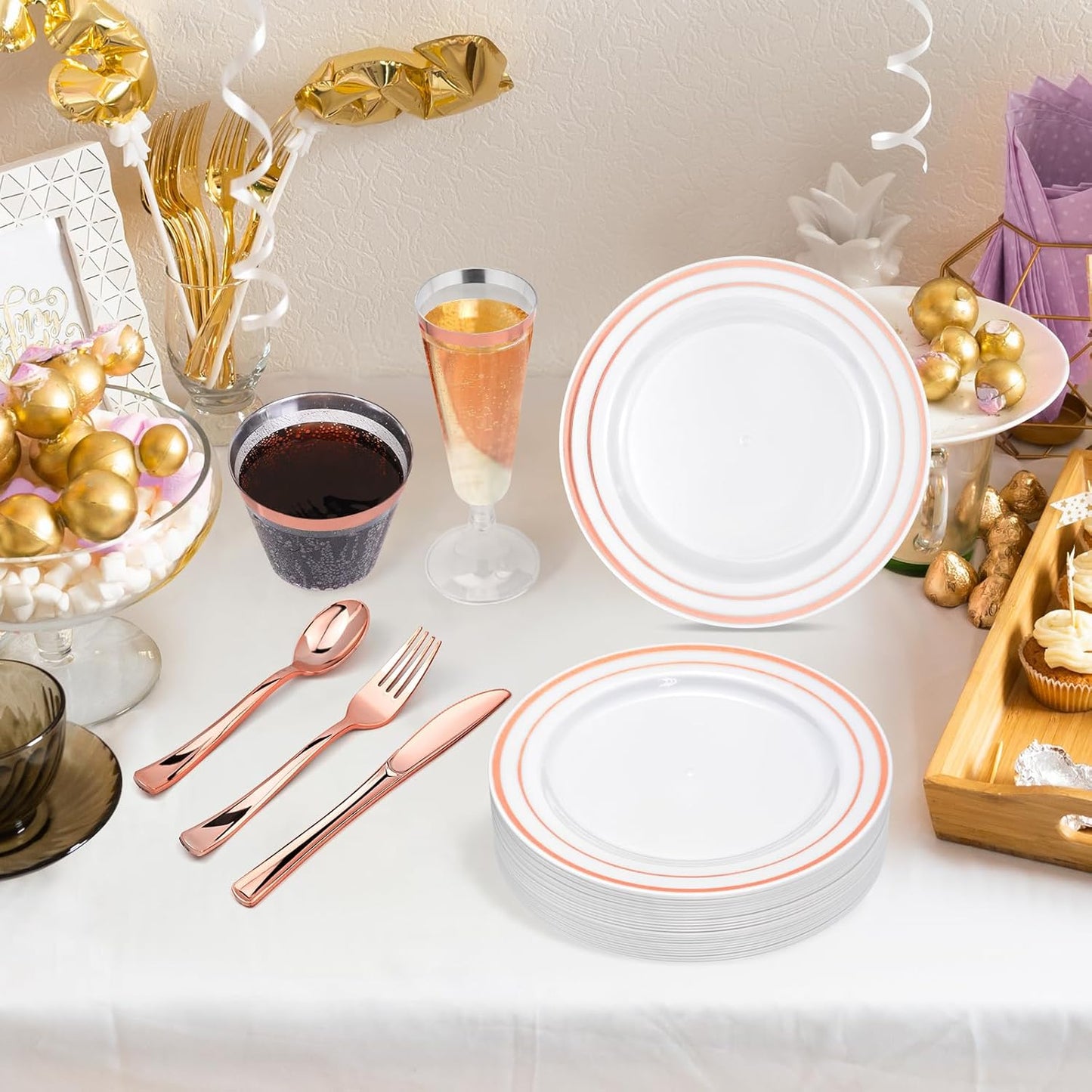 JIURUN 150PCS Rose Gold Plastic Plates Set for 25 Guests, Disposable Dinnerware Set of 25 Dinner, 25 Cups & Champagne Flutes Cups, 25 Spoons, Forks & 25 Knives for Birthday, Wedding & Party Supplies