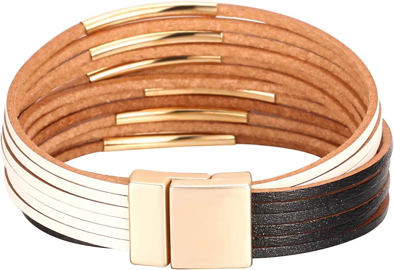 Fesciory Leather Wrap Bracelets for Women, Boho Leopard Multi-Layer Crystal Beads Cuff Bracelet Jewelry